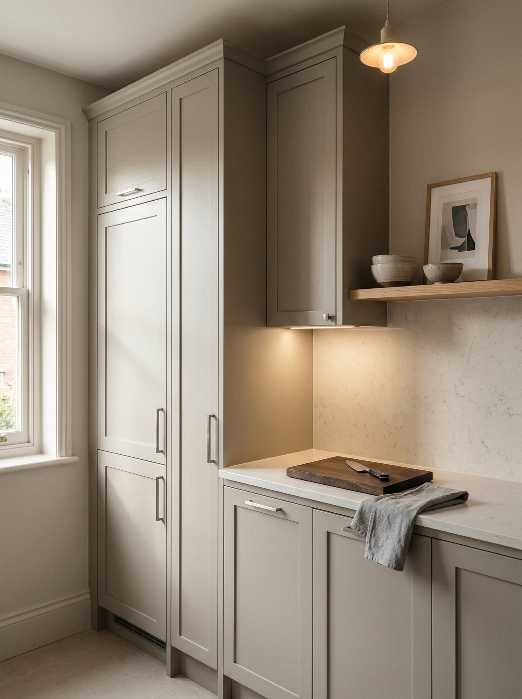 Tall view of full-height bespoke kitchen cabinetry, contemporary painted lay-on cabinetry