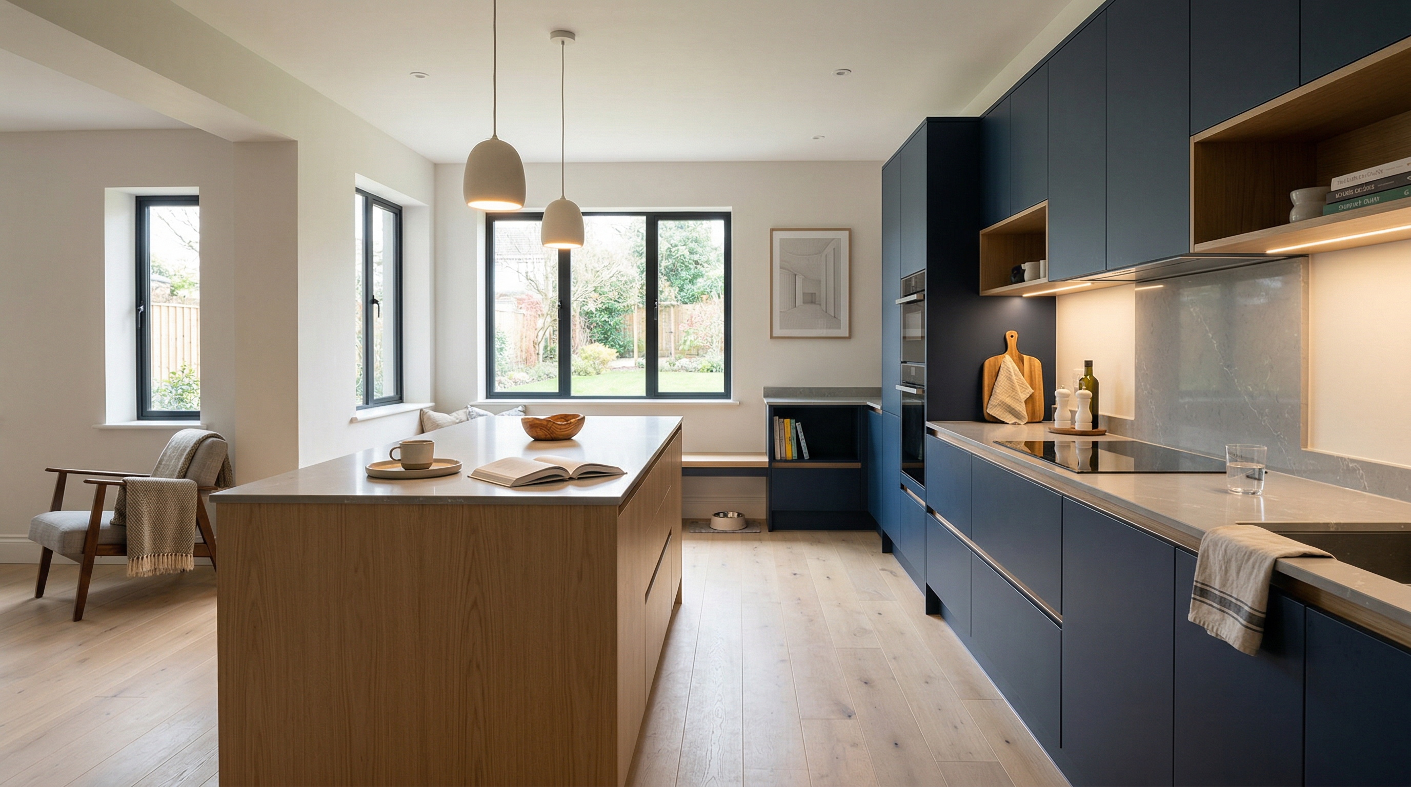 Wide view of a newly completed bespoke Mastercraft kitchen, contemporary painted lay-on cabinetry in cannon black tones