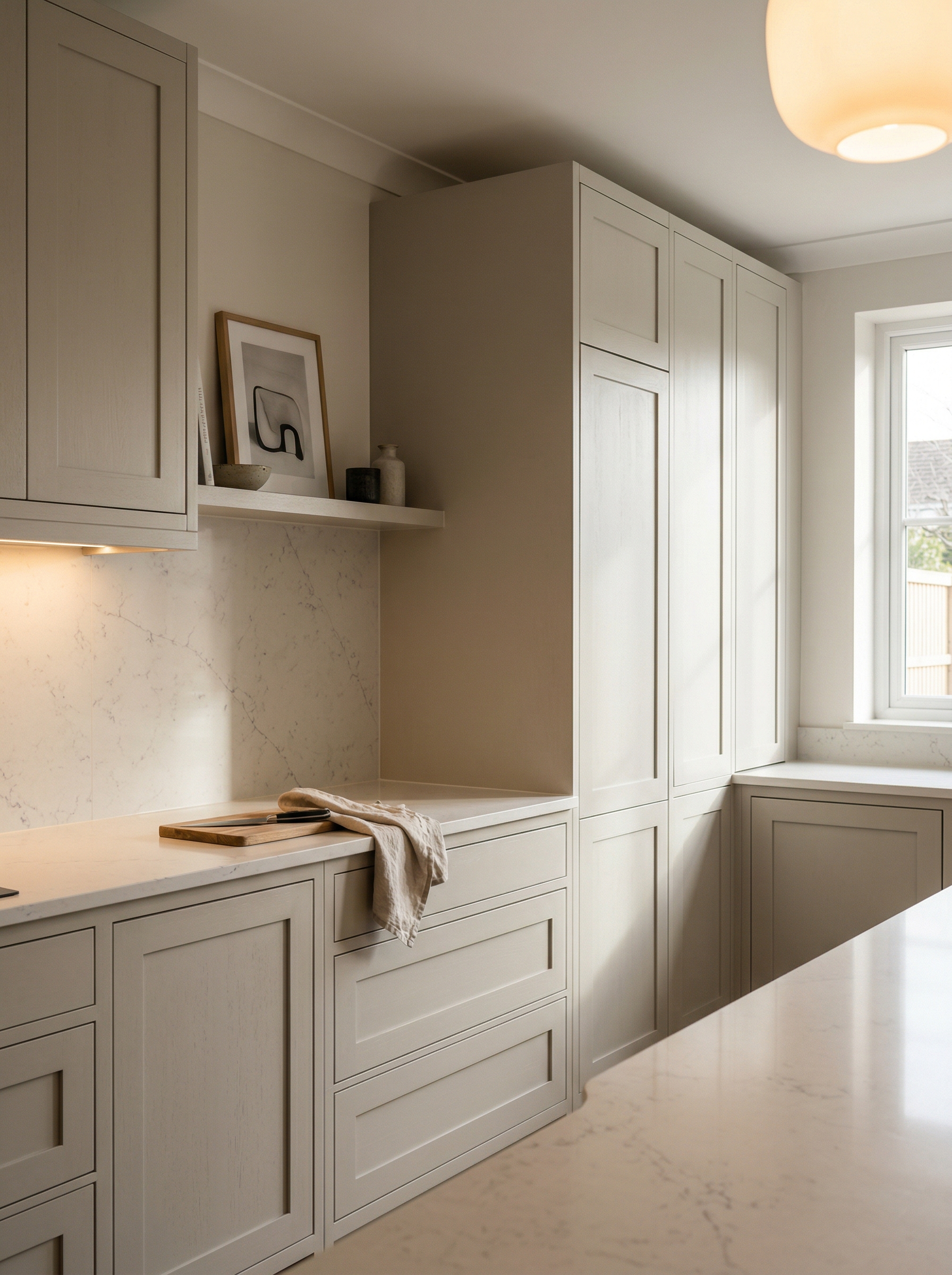 Tall view of full-height bespoke kitchen cabinetry, contemporary painted lay-on cabinetry