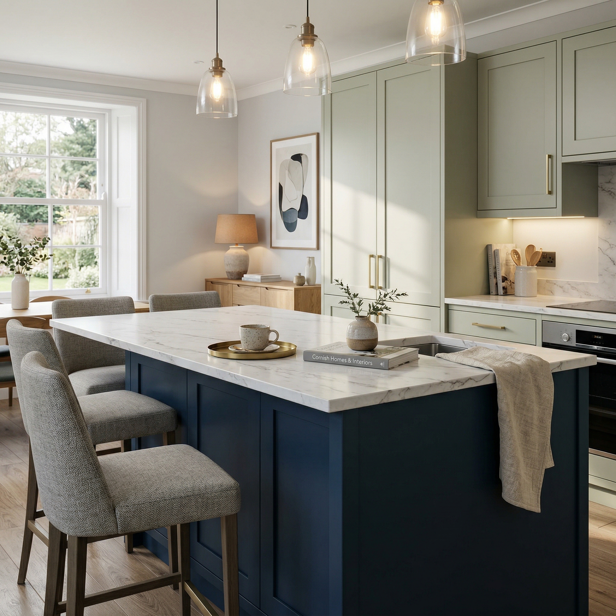 Bespoke kitchen island detail, contemporary painted lay-on cabinetry with quality joinery