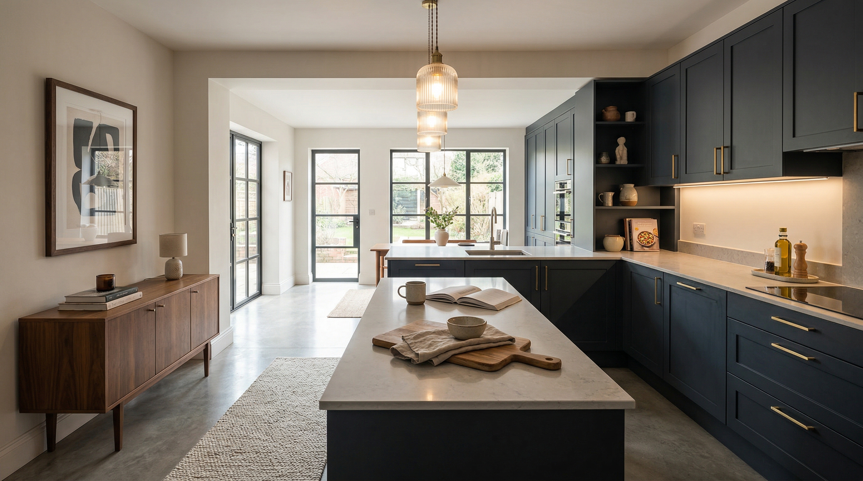 Mastercraft bespoke kitchen in Lisvane, wide architectural view showing room volume and design quality