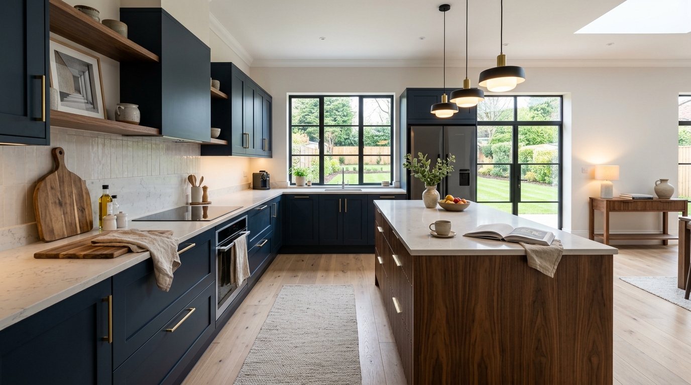 Wide view of a newly completed bespoke Mastercraft kitchen, matt painted handleless slab cabinetry in lava tones