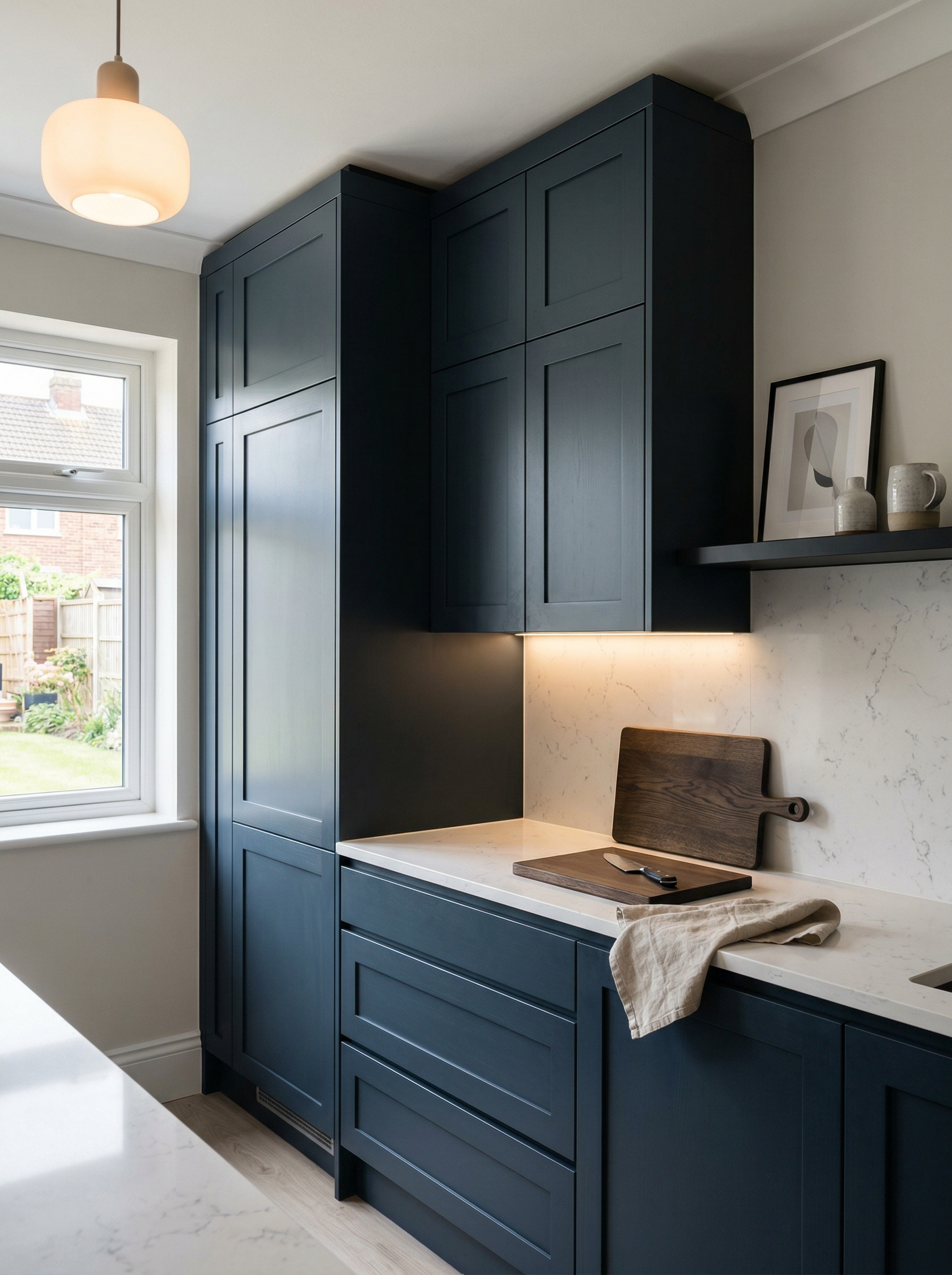 Tall view of full-height bespoke kitchen cabinetry, matt painted handleless slab cabinetry