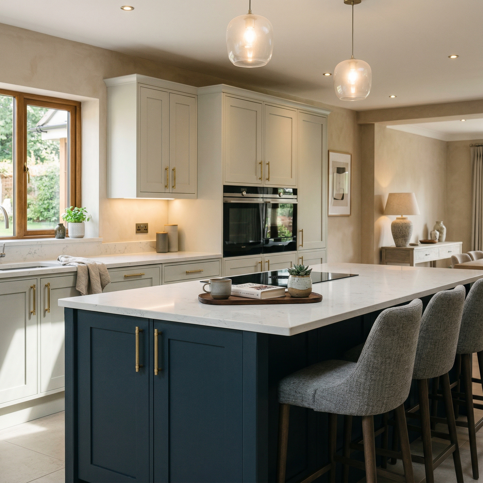 Bespoke kitchen island detail, matt painted handleless slab cabinetry with quality joinery