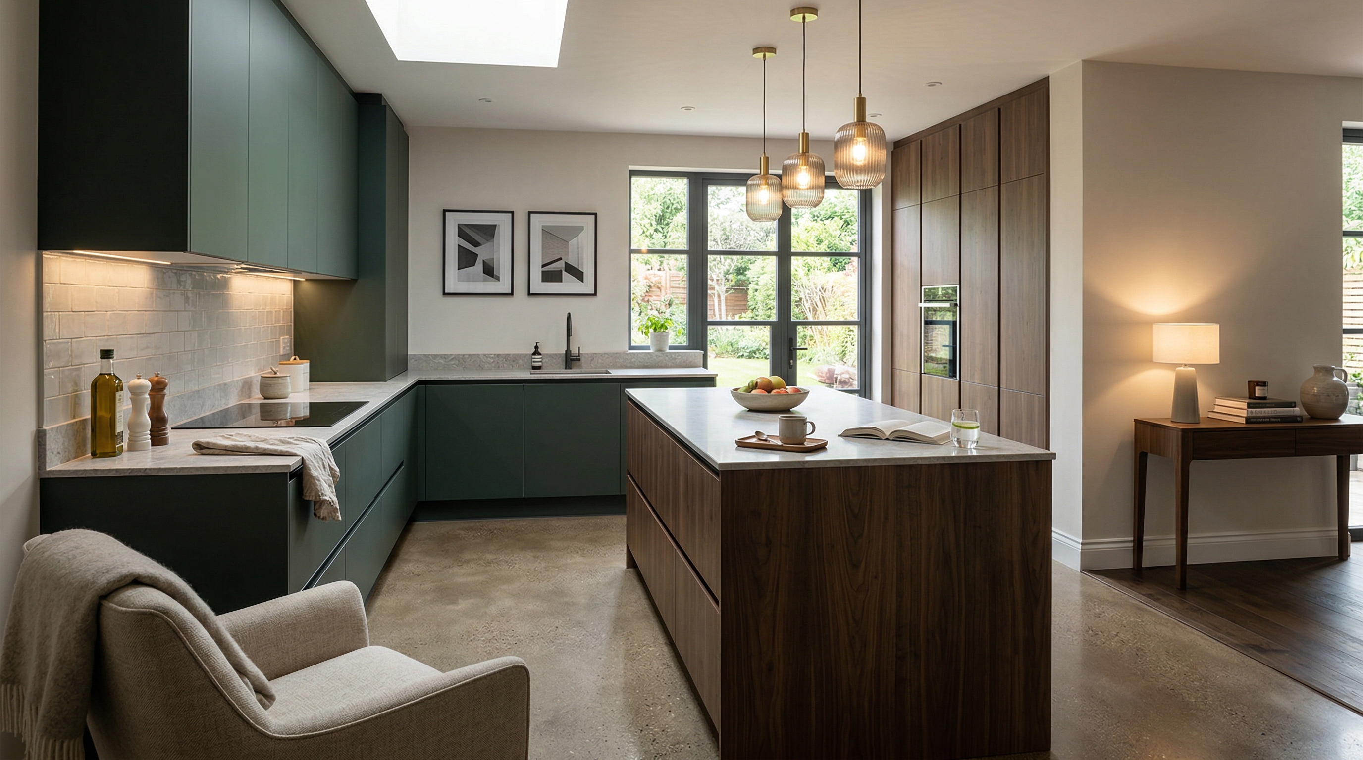 Mastercraft bespoke kitchen in Llandaff, wide architectural view showing room volume and design quality