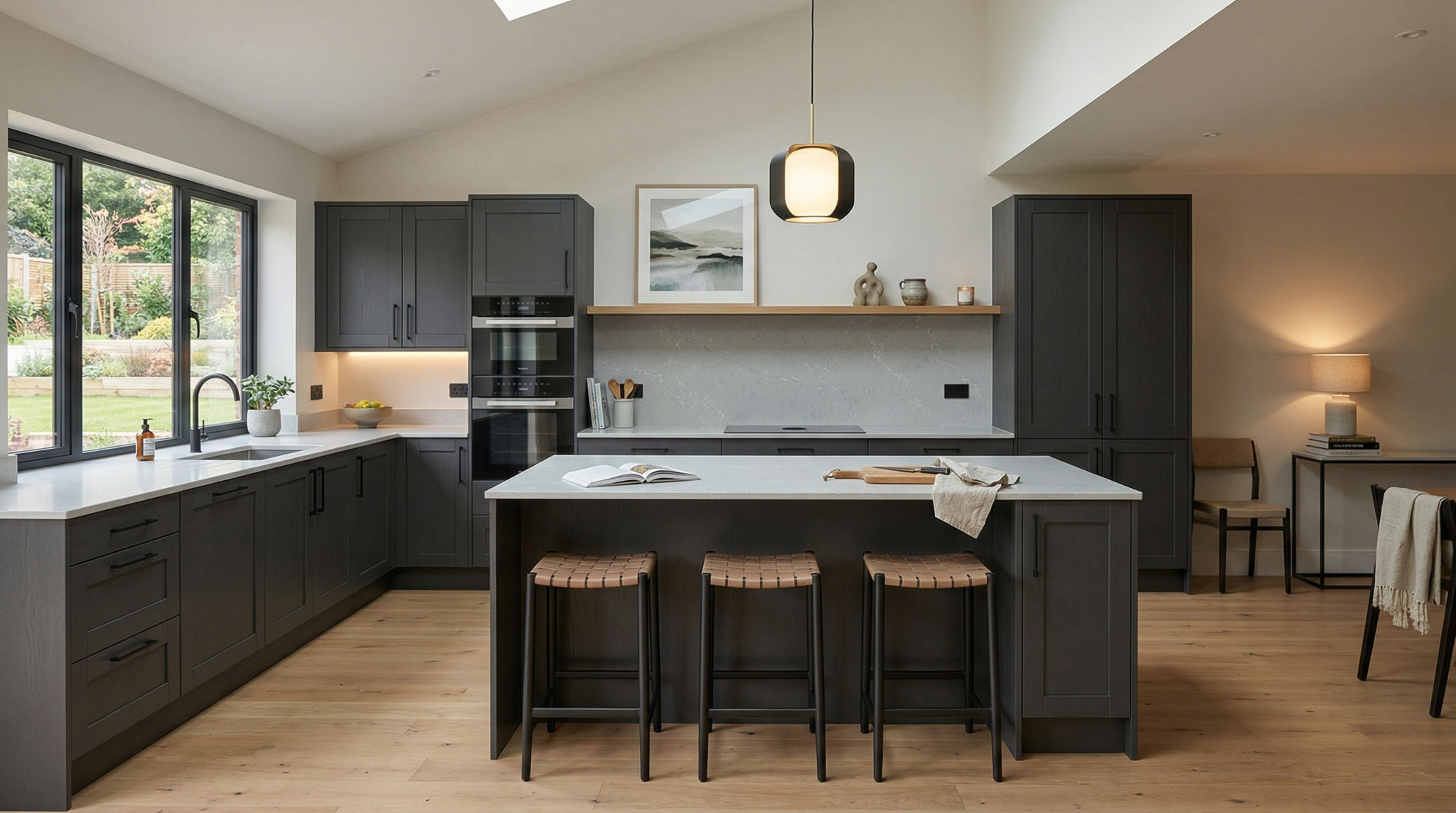 Wide view of a newly completed bespoke Mastercraft kitchen, matt painted handleless slab cabinetry in cardamom tones