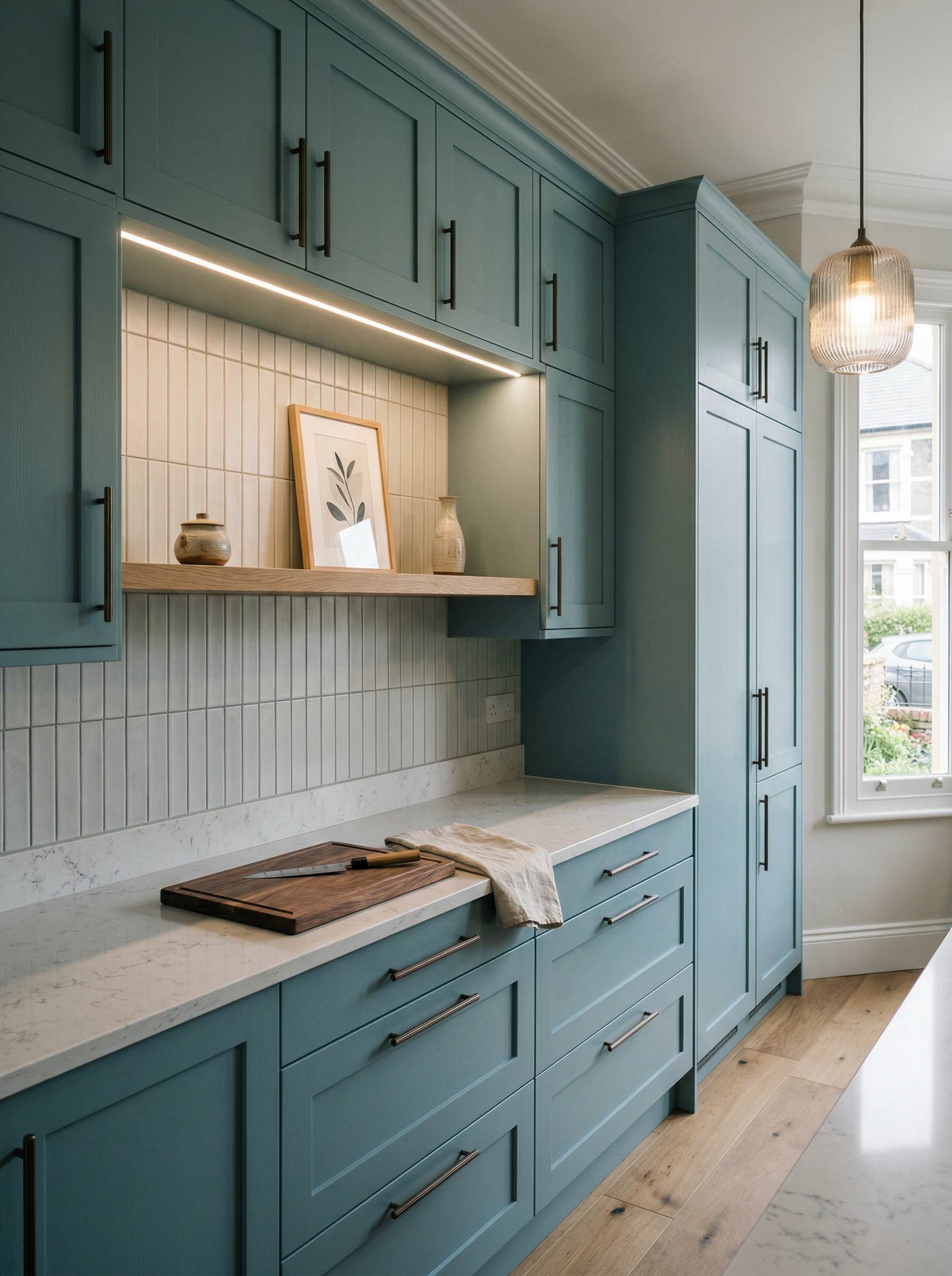 Tall view of full-height bespoke kitchen cabinetry, matt painted handleless slab cabinetry
