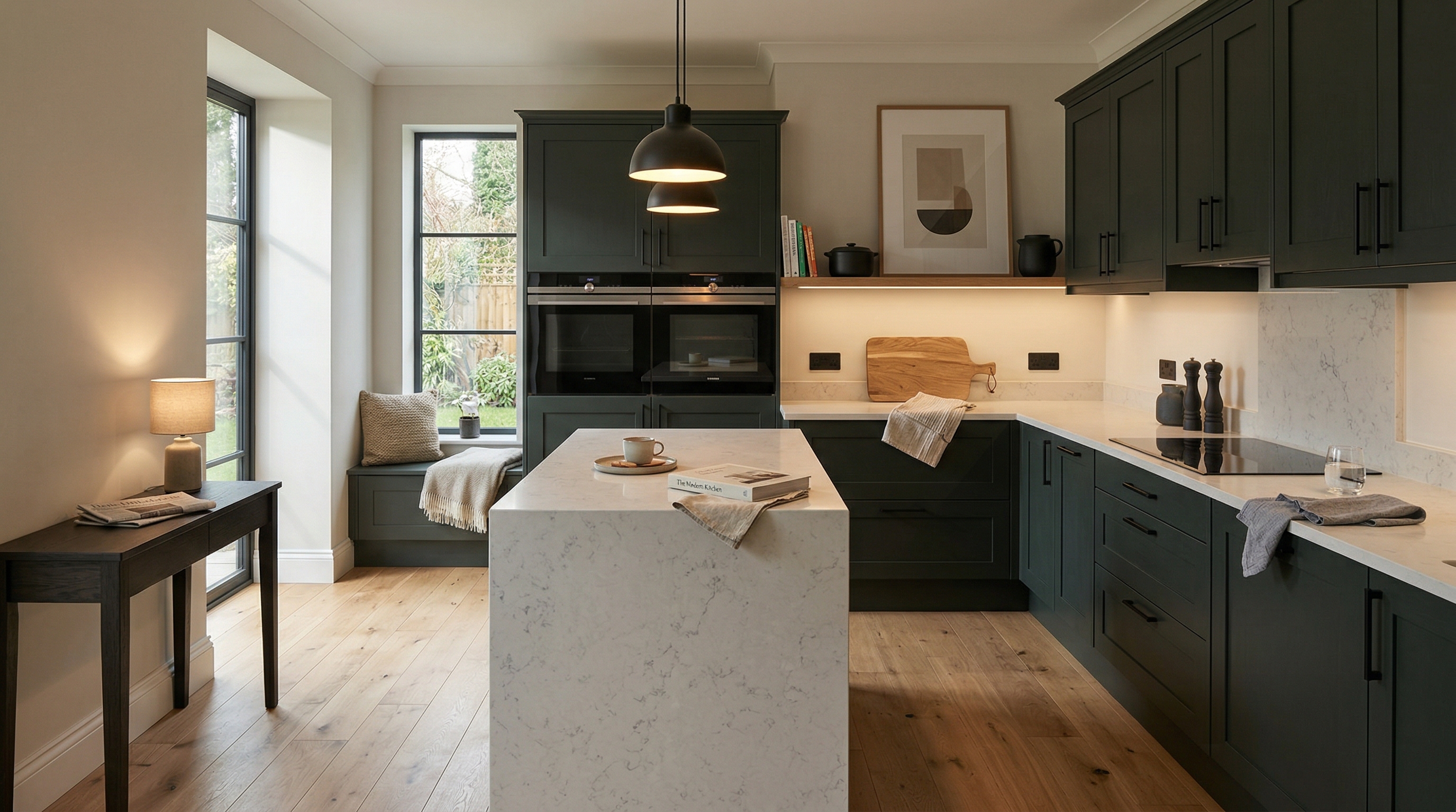 Mastercraft bespoke kitchen in Llandeilo, wide architectural view showing room volume and design quality