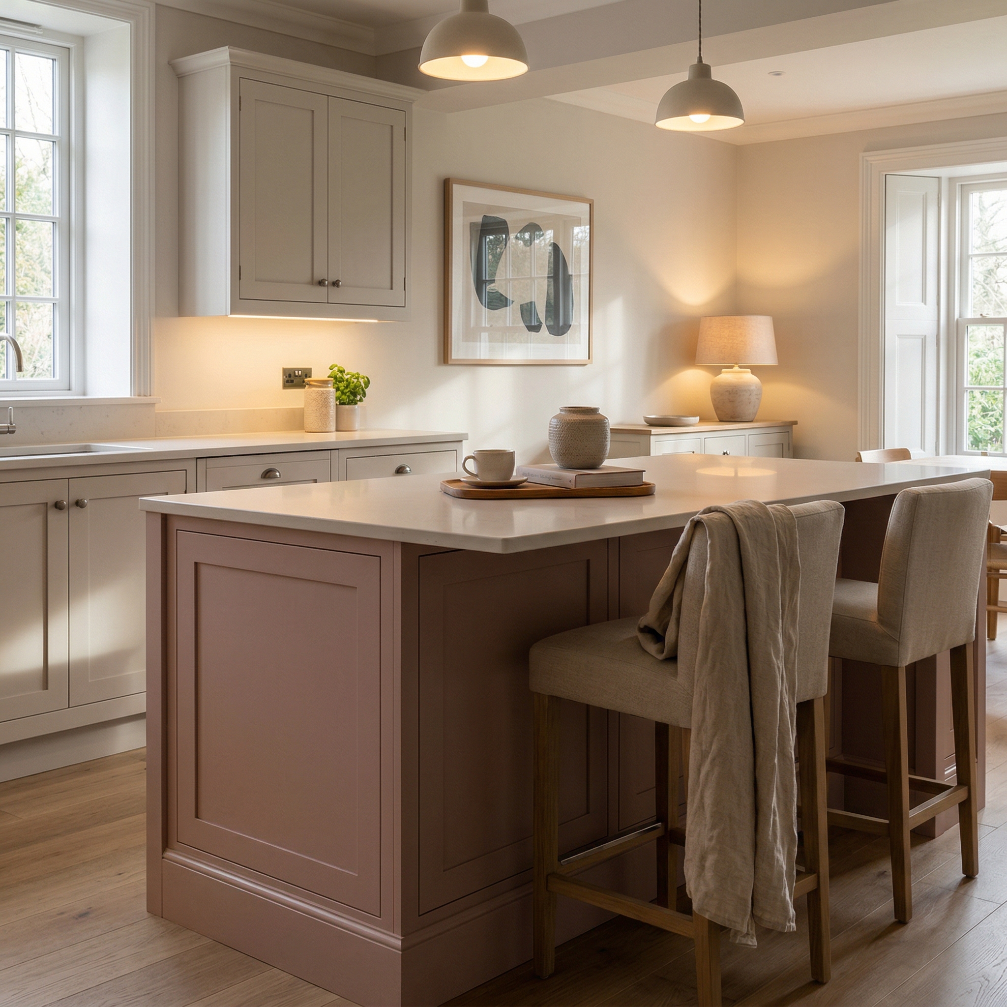 Bespoke kitchen island detail, contemporary painted lay-on cabinetry with quality joinery