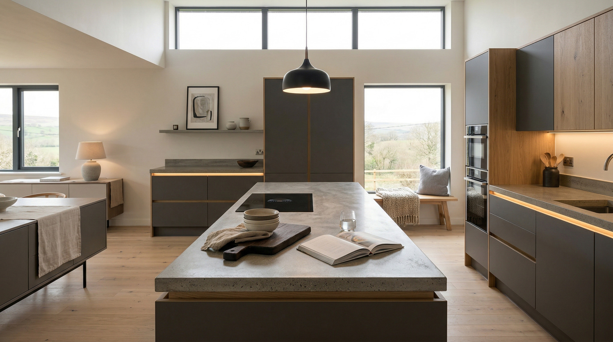 Wide view of a newly completed bespoke Mastercraft kitchen, contemporary painted lay-on cabinetry in sage green tones