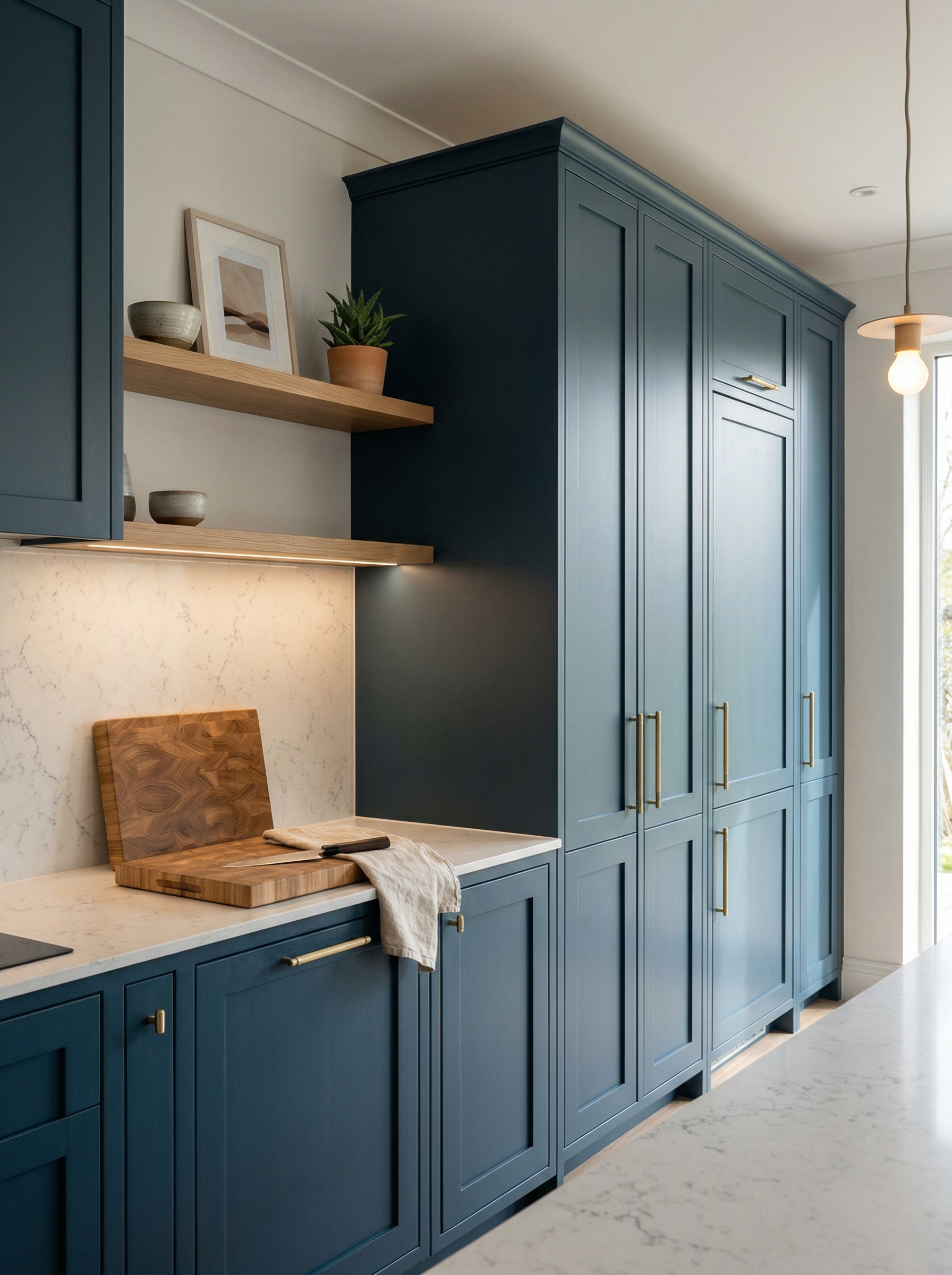 Tall view of full-height bespoke kitchen cabinetry, contemporary painted lay-on cabinetry