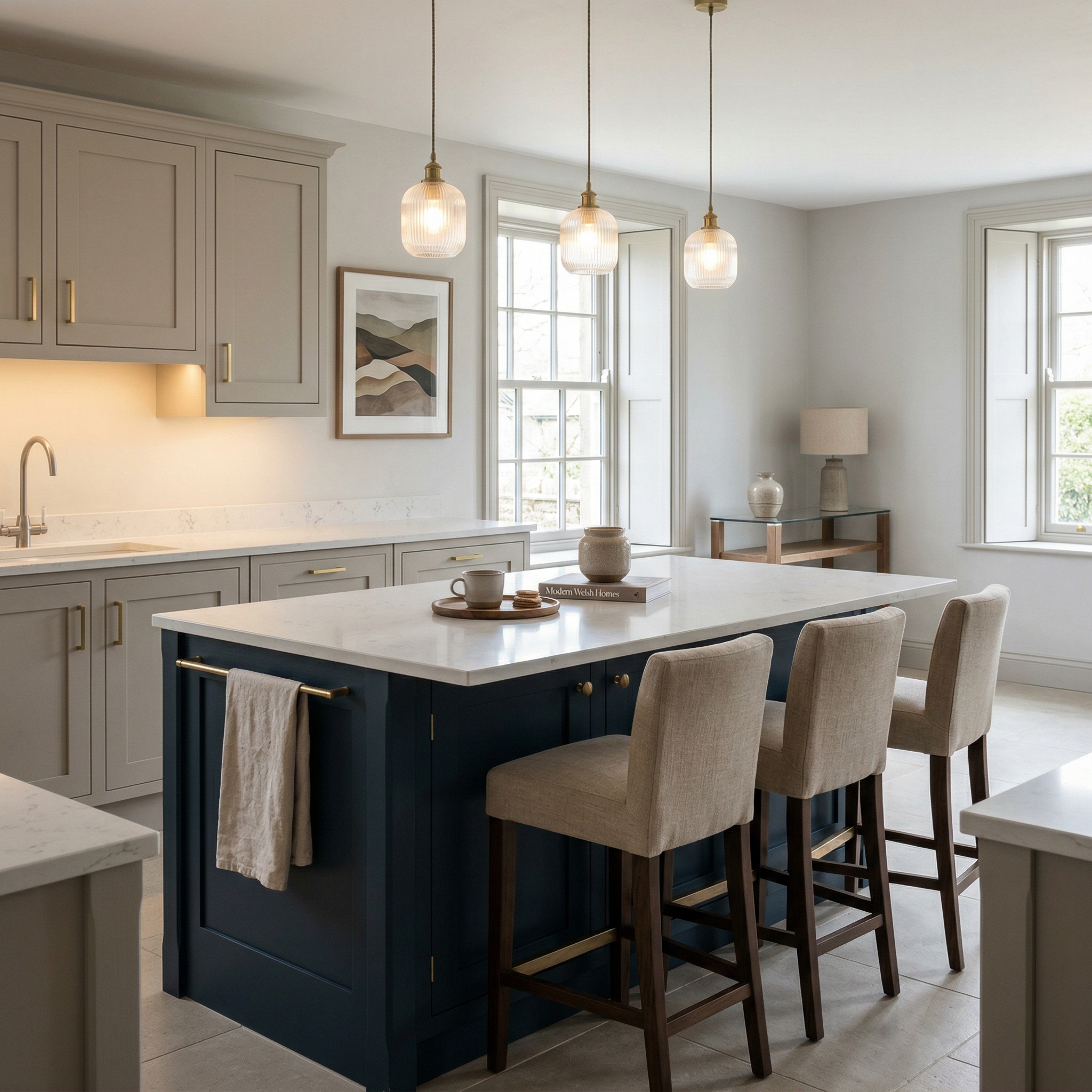 Bespoke kitchen island detail, contemporary painted lay-on cabinetry with quality joinery