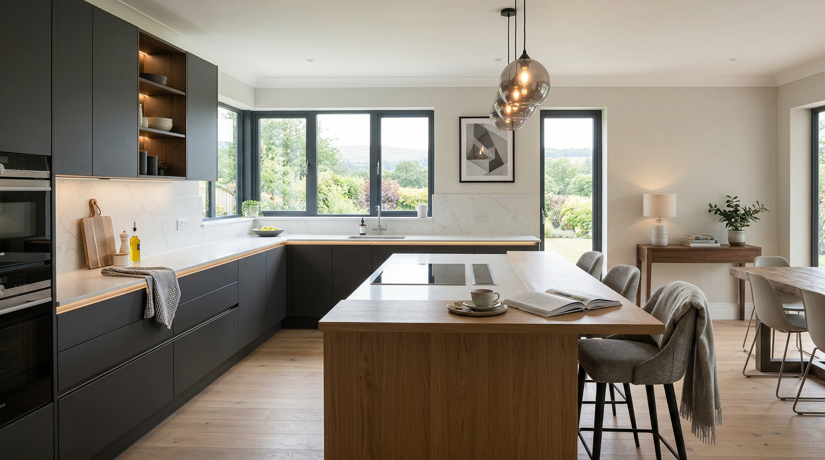 Mastercraft bespoke kitchen in Llandrindod Wells, wide architectural view showing room volume and design quality