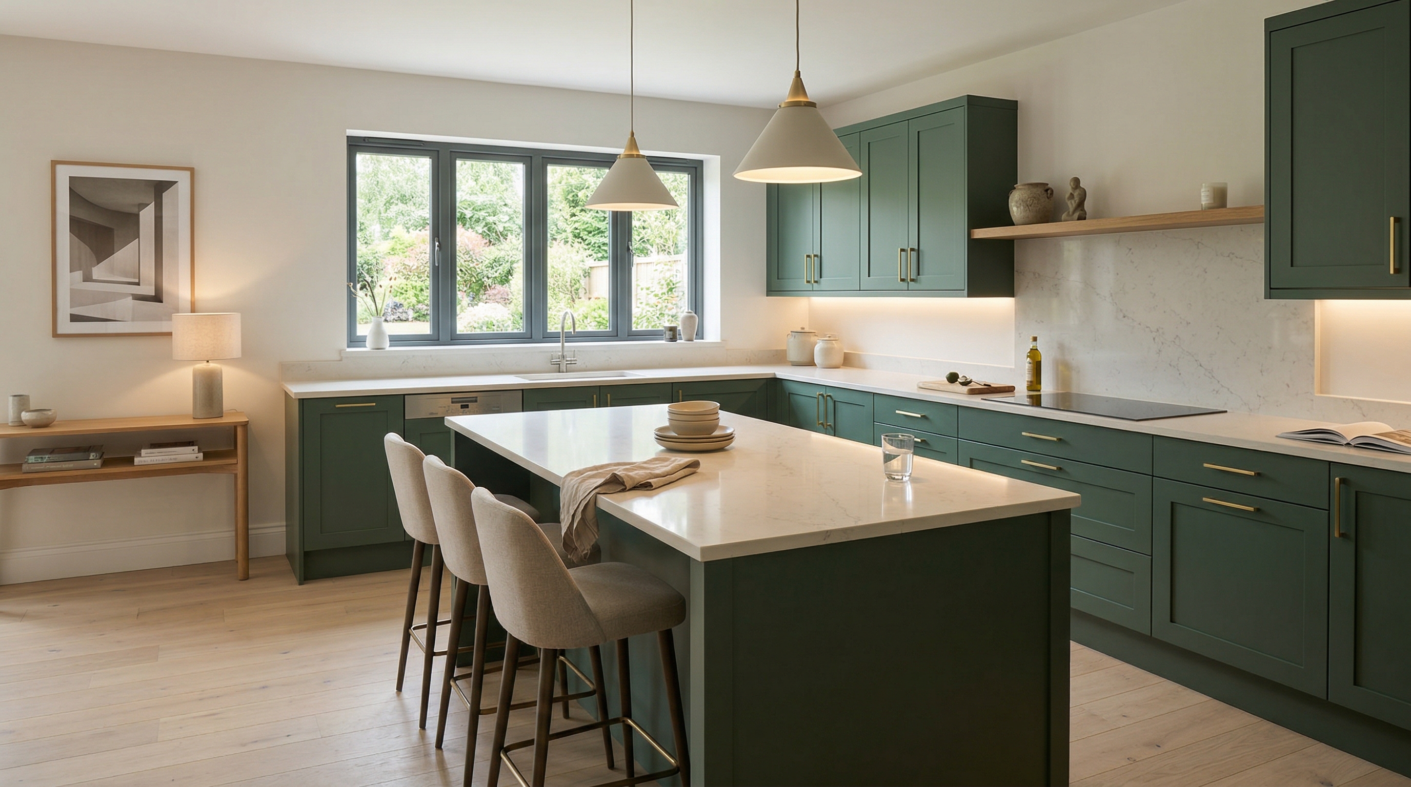 hero_1200x675 Wide view of a newly completed bespoke Mastercraft kitchen, modern shaker cabinetry in willow tones