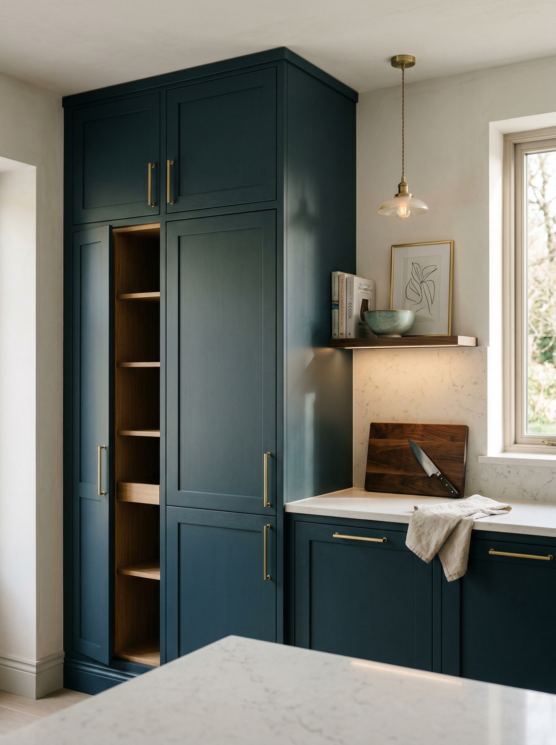 Tall view of full-height bespoke kitchen cabinetry, modern shaker cabinetry