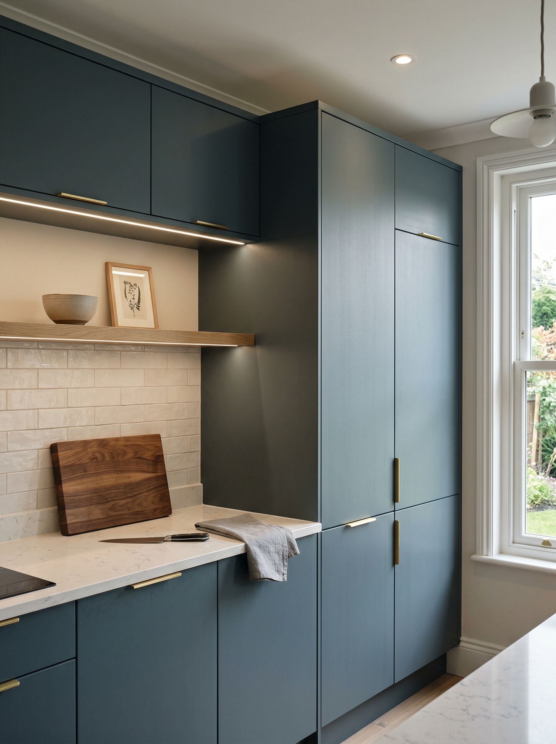 Tall view of full-height bespoke kitchen cabinetry, matt painted handleless slab cabinetry