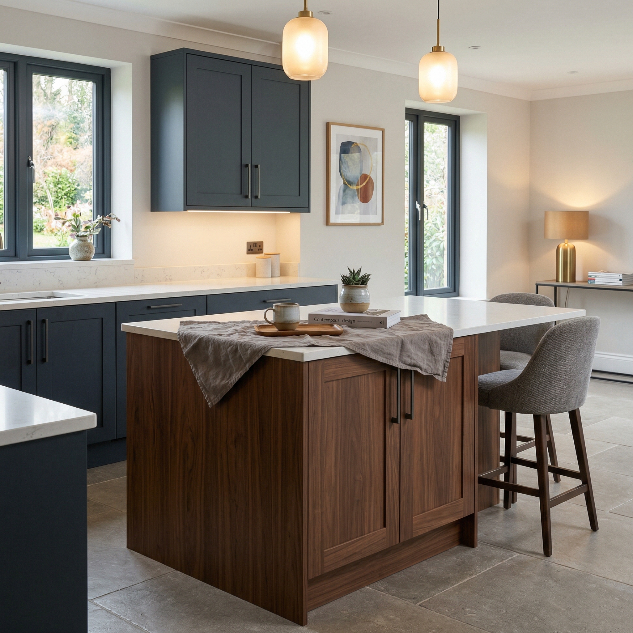 Bespoke kitchen island detail, matt painted handleless slab cabinetry with quality joinery