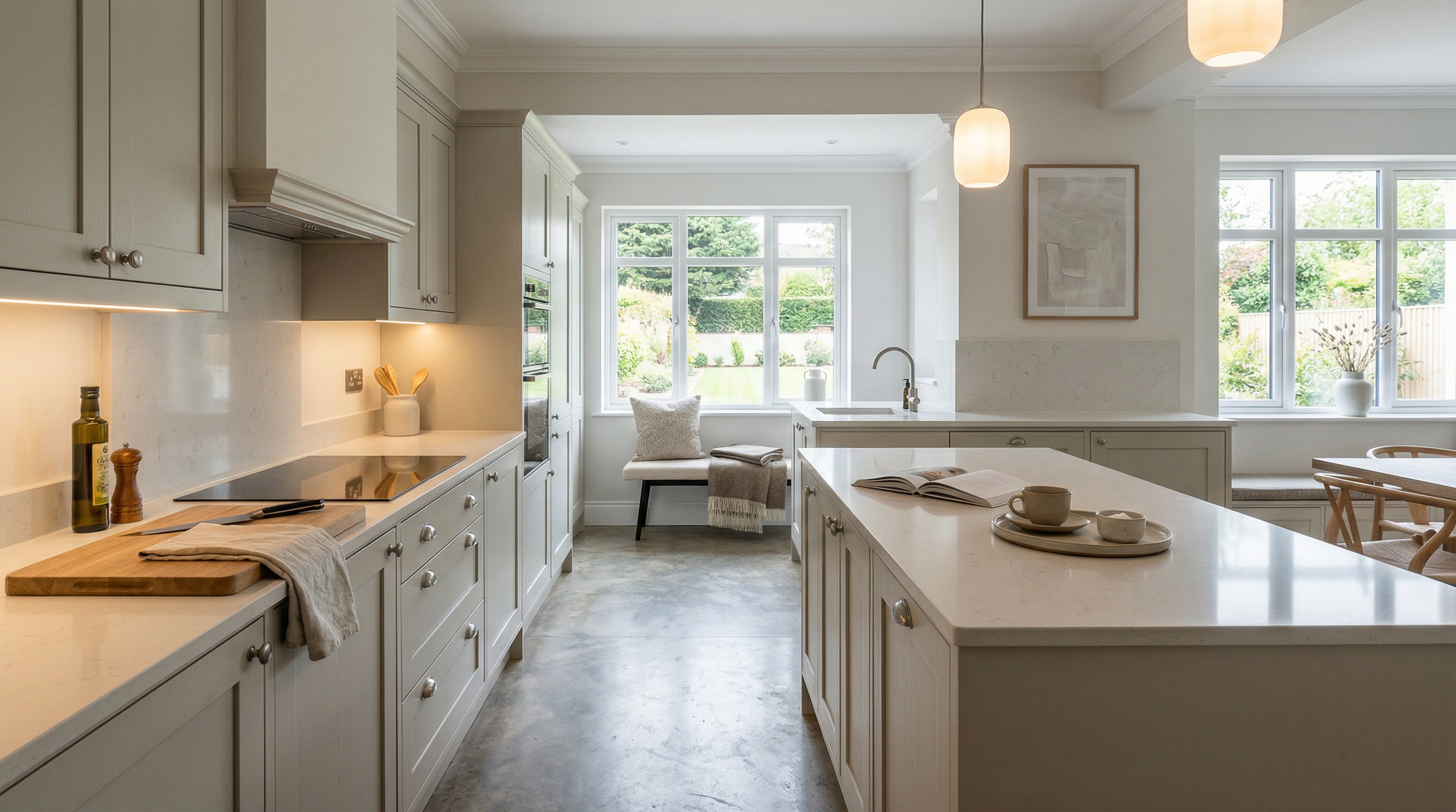 hero_1200x675 Wide view of a newly completed bespoke Mastercraft kitchen, timber veneer slab-door cabinetry in parisian blue tones