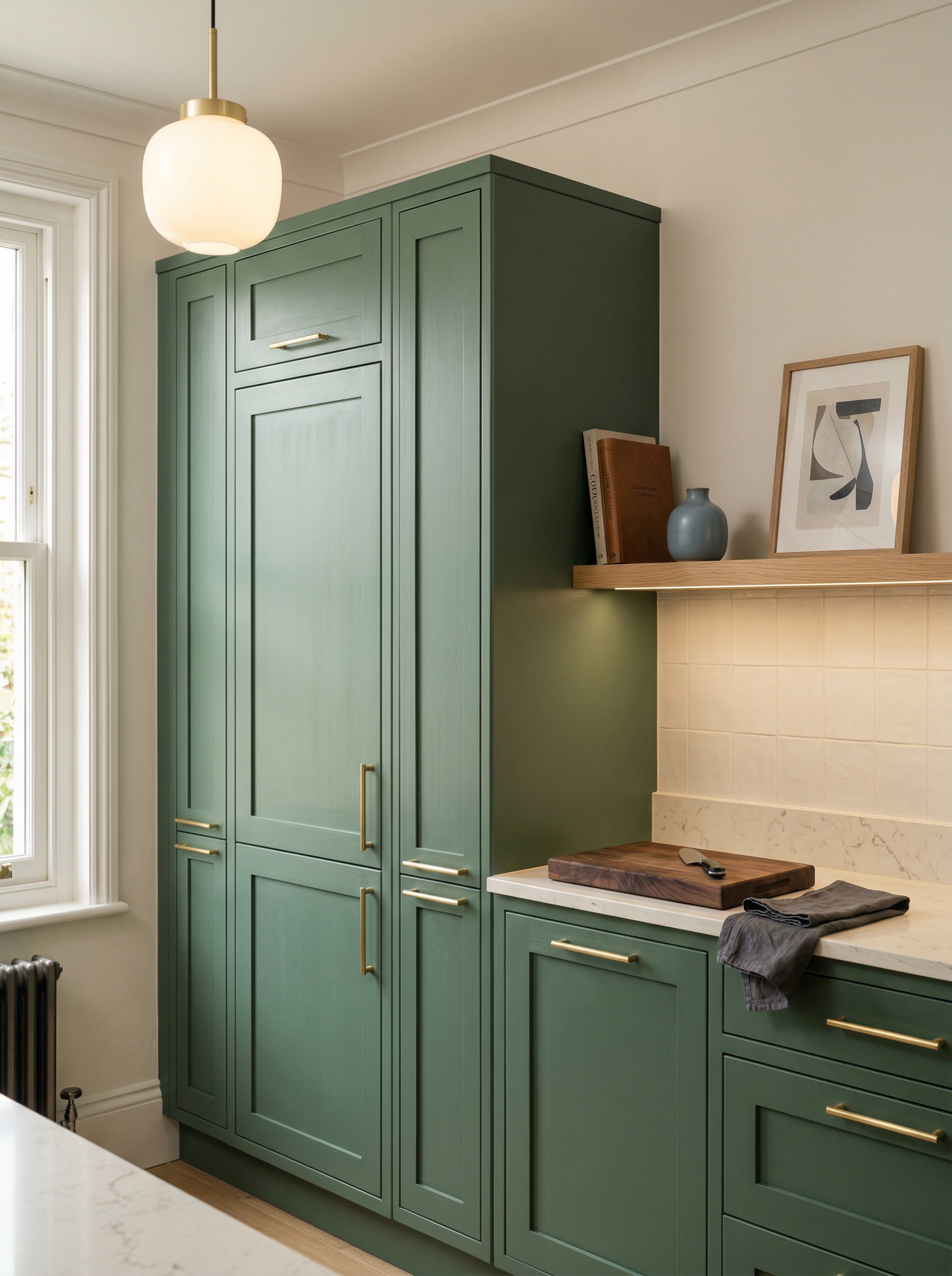 Tall view of full-height bespoke kitchen cabinetry, timber veneer slab-door cabinetry
