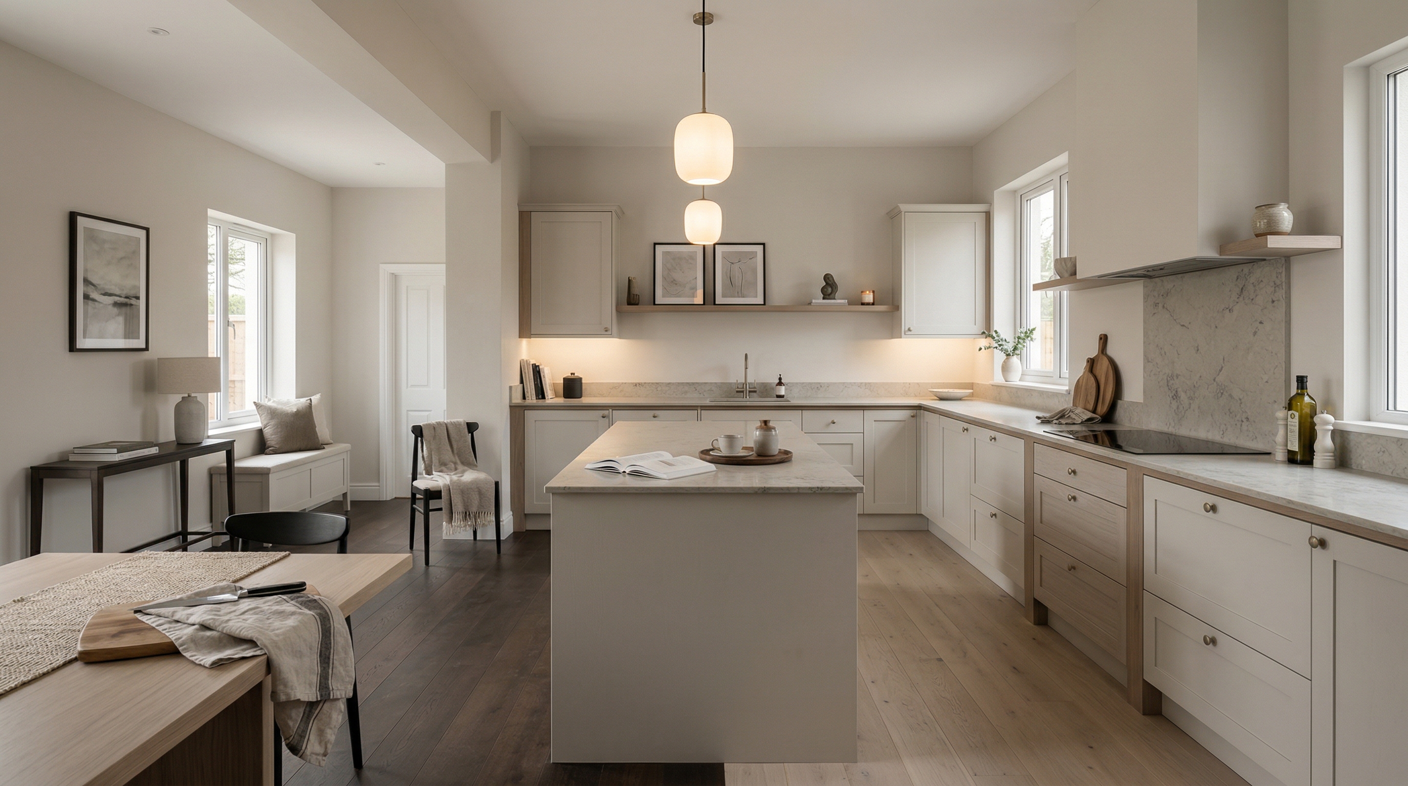 hero_1200x675 Wide view of a newly completed bespoke Mastercraft kitchen, matt painted handleless slab cabinetry in marine tones