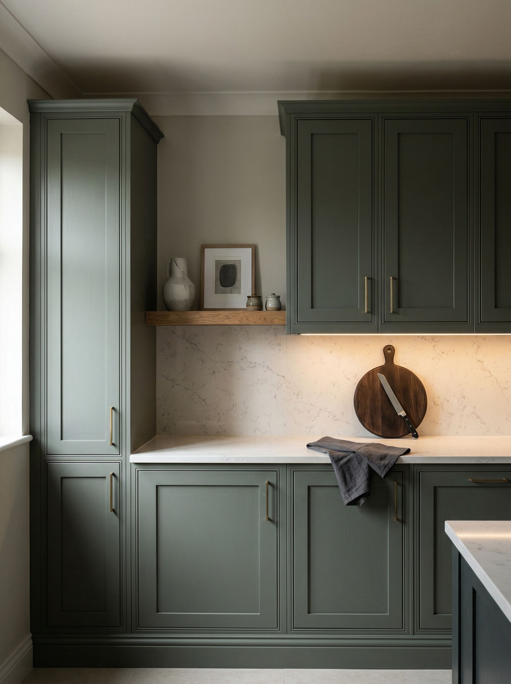 portrait1_600x800 Tall view of full-height bespoke kitchen cabinetry, matt painted handleless slab cabinetry