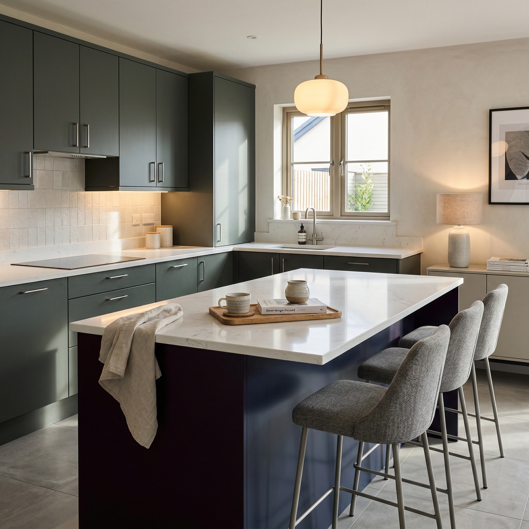 Bespoke kitchen island detail, matt painted handleless slab cabinetry with quality joinery