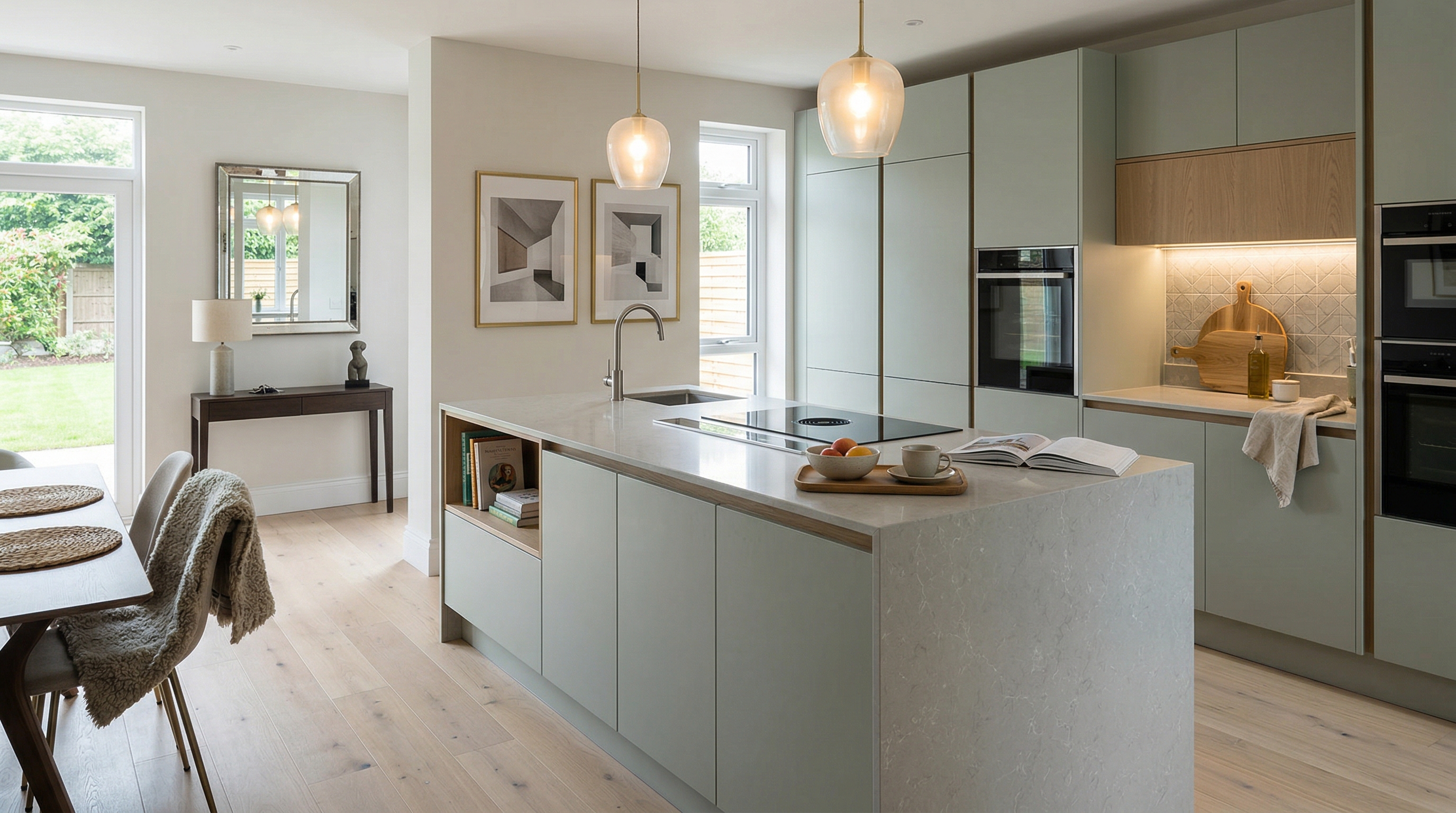 Mastercraft bespoke kitchen in Llanishen, wide architectural view showing room volume and design quality