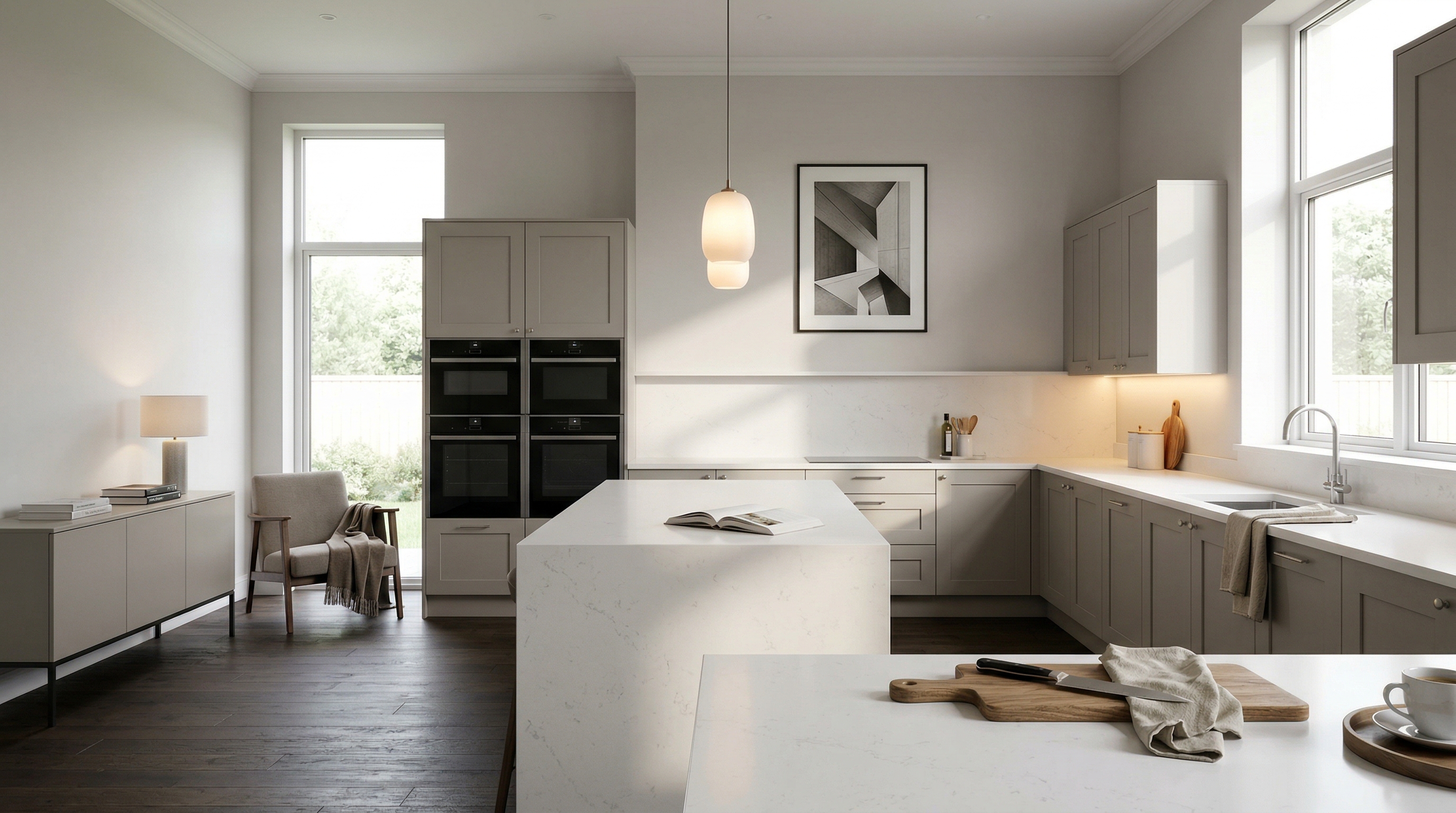 hero_1200x675 Wide view of a newly completed bespoke Mastercraft kitchen, matt painted handleless slab cabinetry in shell tones