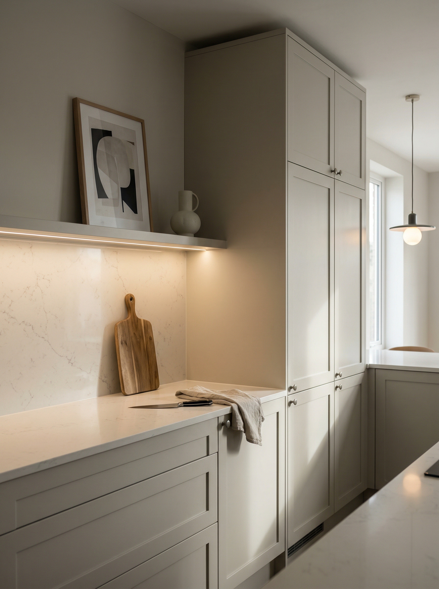 Tall view of full-height bespoke kitchen cabinetry, matt painted handleless slab cabinetry