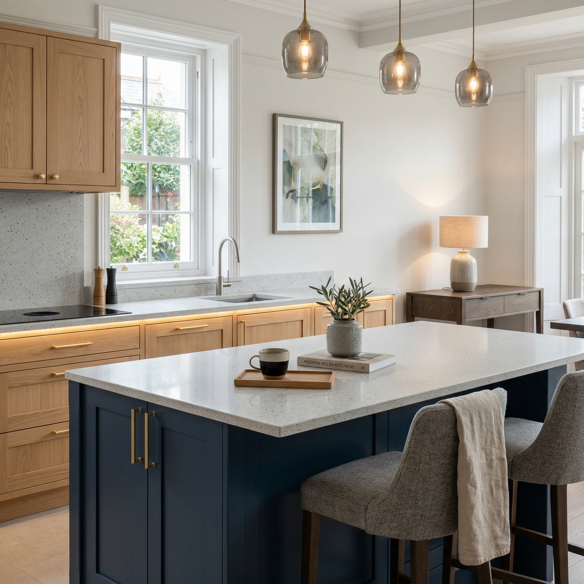 Bespoke kitchen island detail, matt painted handleless slab cabinetry with quality joinery