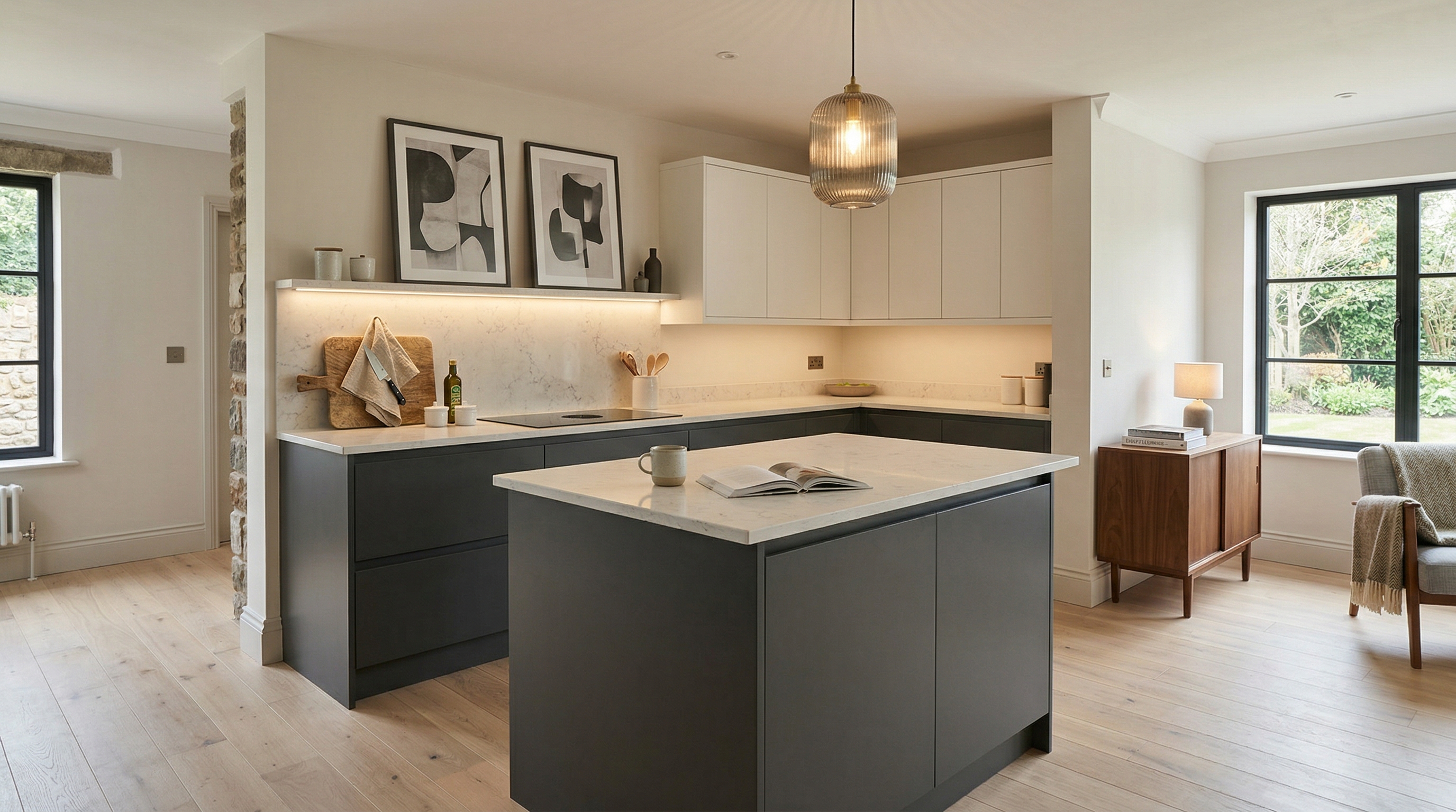 Mastercraft bespoke kitchen in Llantrisant, wide architectural view showing room volume and design quality