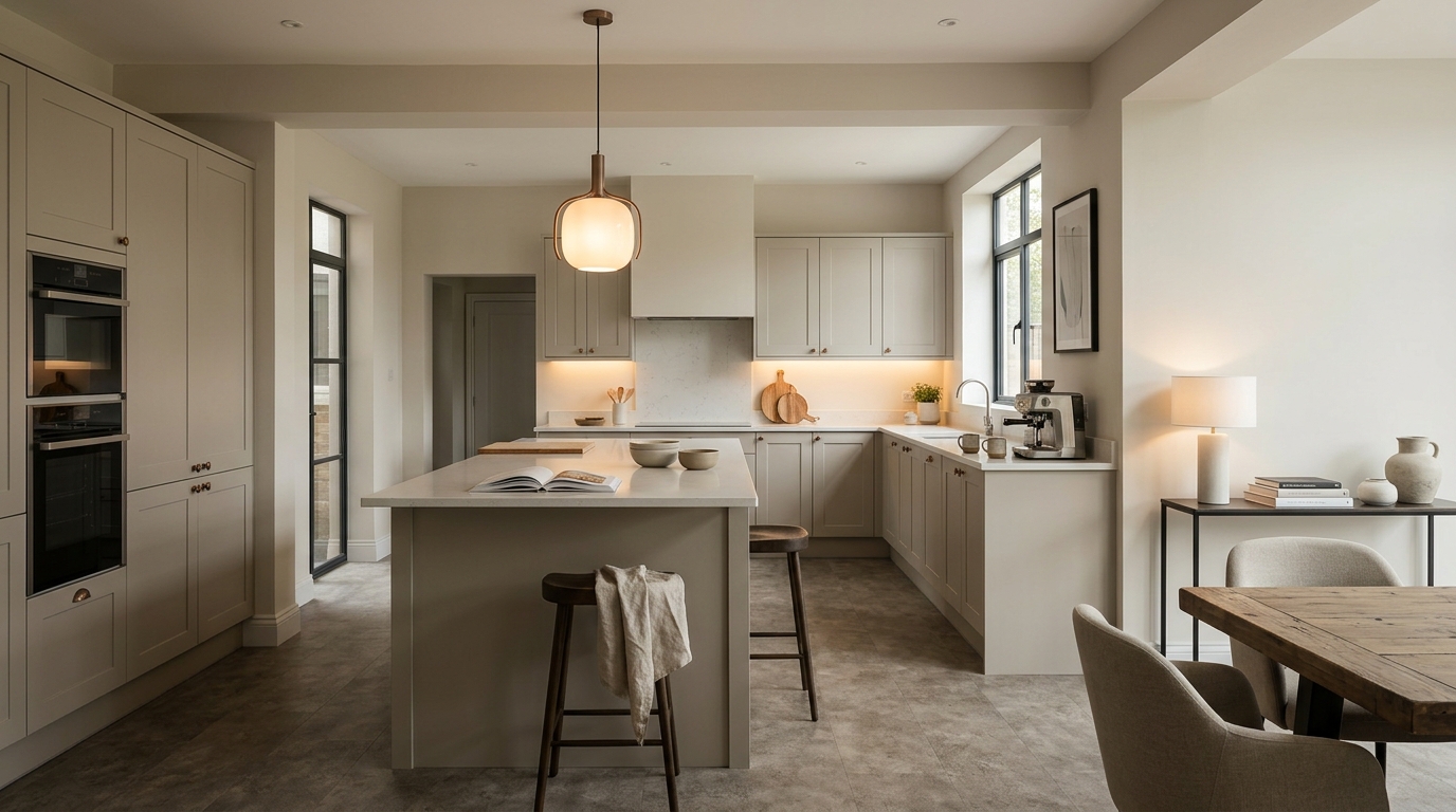 hero_1200x675 Wide view of a newly completed bespoke Mastercraft kitchen, modern shaker cabinetry in deep forest tones