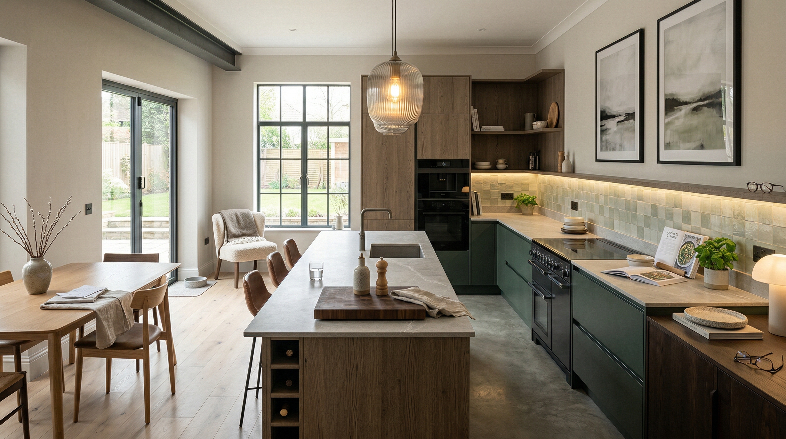 Mastercraft bespoke kitchen in Llantwit Major, wide architectural view showing room volume and design quality