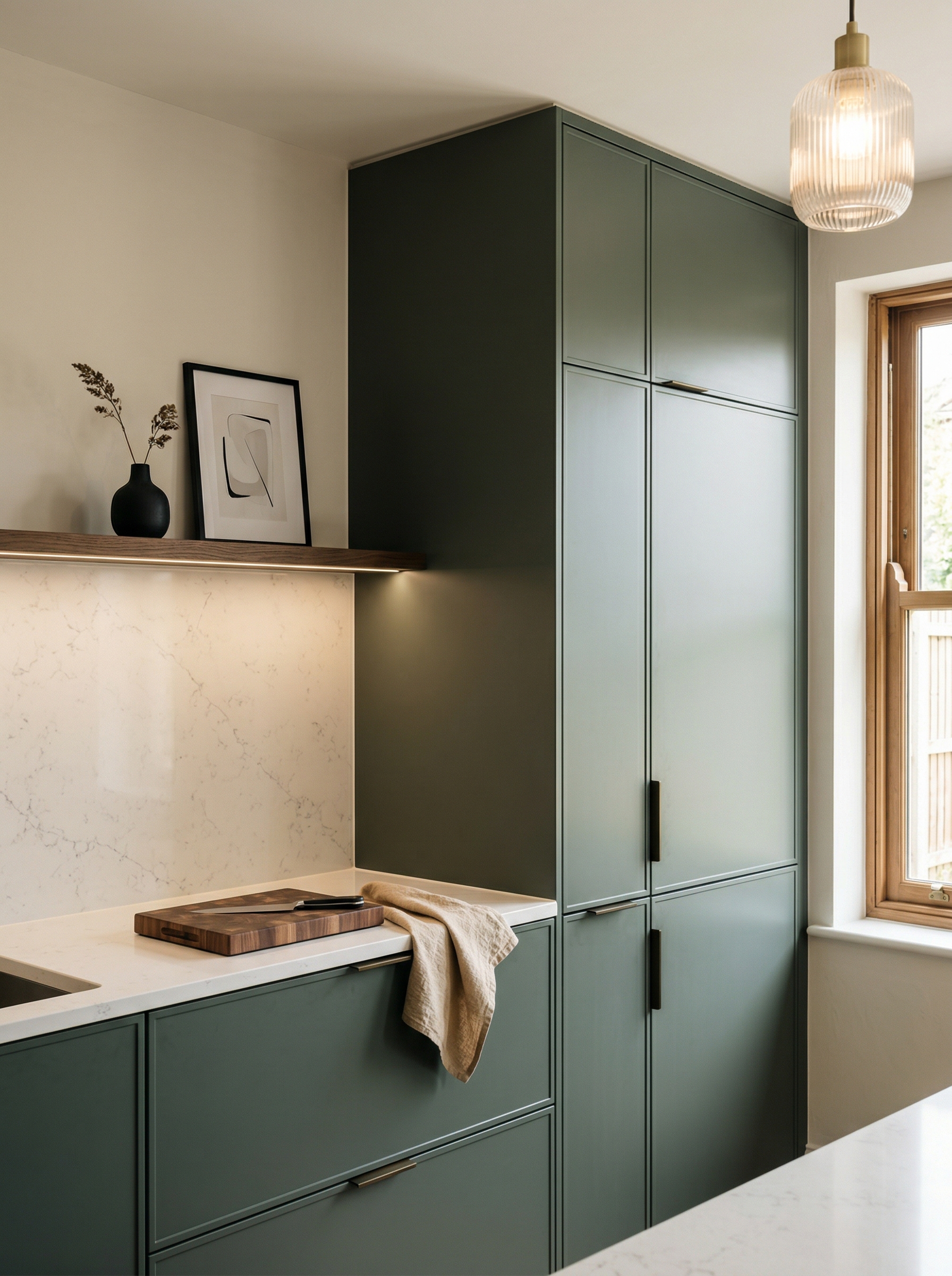 Tall view of full-height bespoke kitchen cabinetry, matt painted handleless slab cabinetry