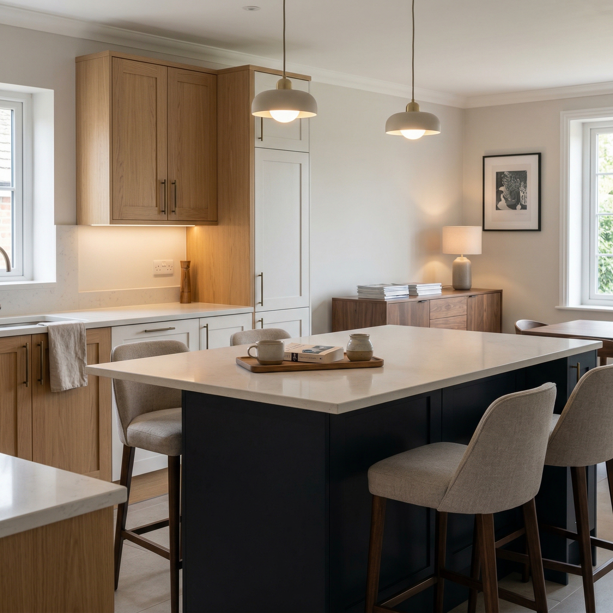 Bespoke kitchen island detail, matt painted handleless slab cabinetry with quality joinery