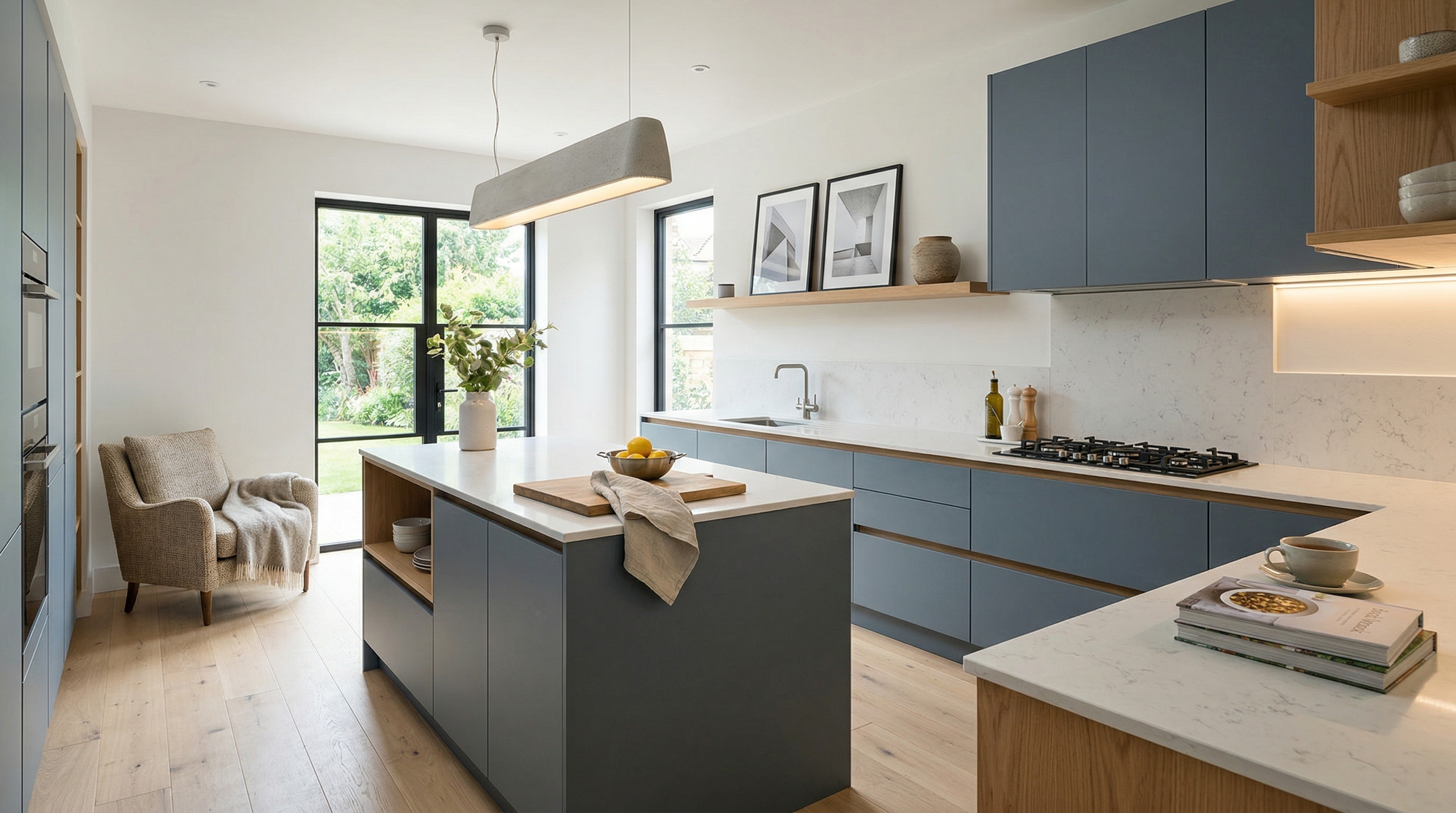Wide view of a newly completed bespoke Mastercraft kitchen, contemporary painted lay-on cabinetry in brilliant white tones
