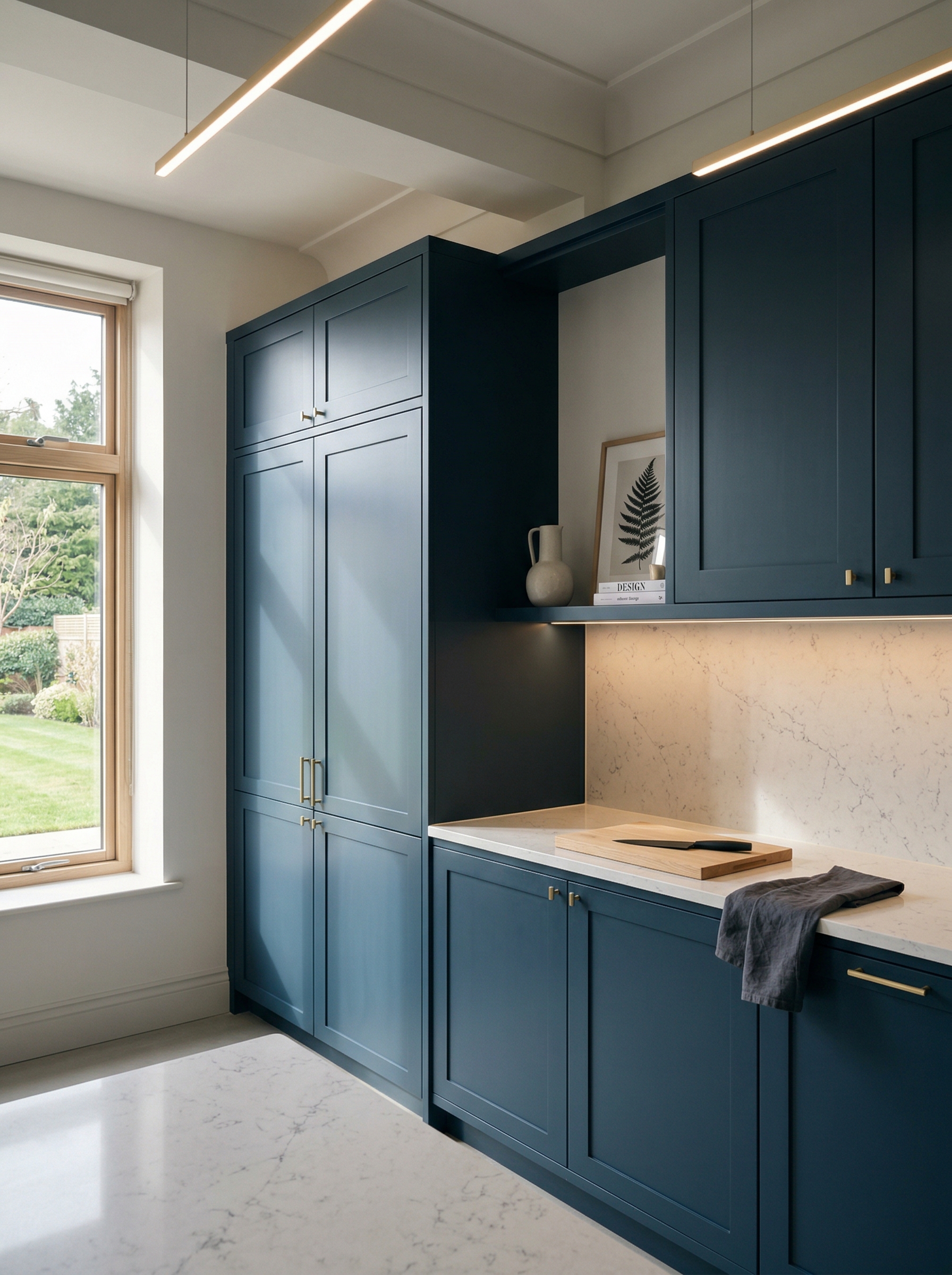 Tall view of full-height bespoke kitchen cabinetry, contemporary painted lay-on cabinetry