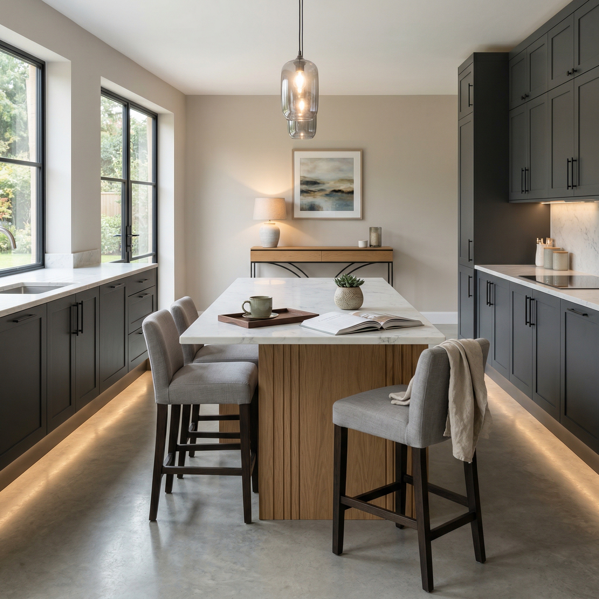 Bespoke kitchen island detail, contemporary painted lay-on cabinetry with quality joinery