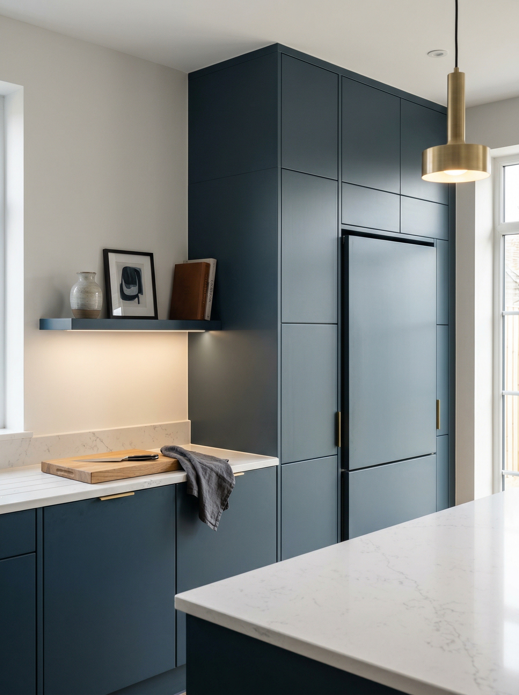 Tall view of full-height bespoke kitchen cabinetry, contemporary painted lay-on cabinetry