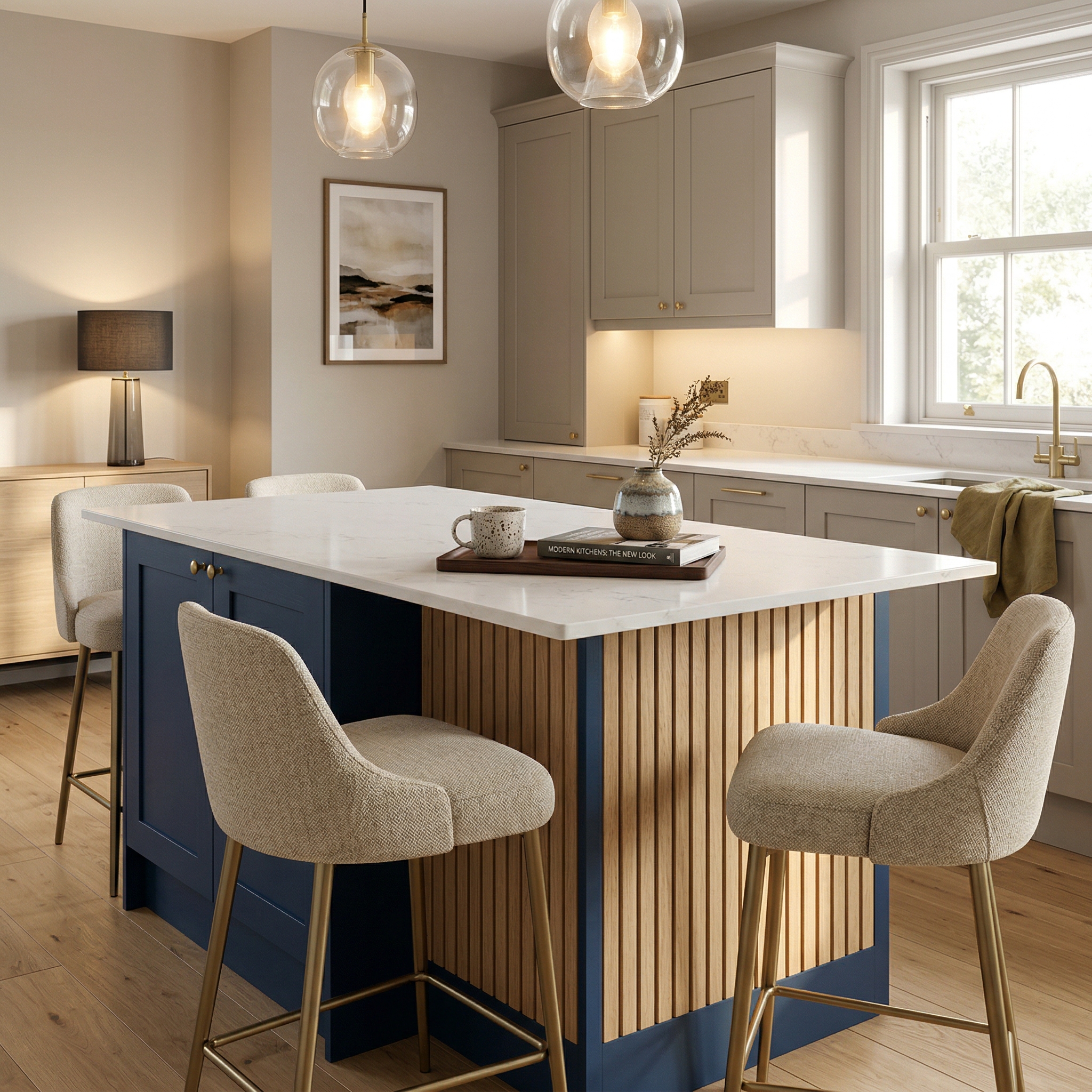 Bespoke kitchen island detail, contemporary painted lay-on cabinetry with quality joinery