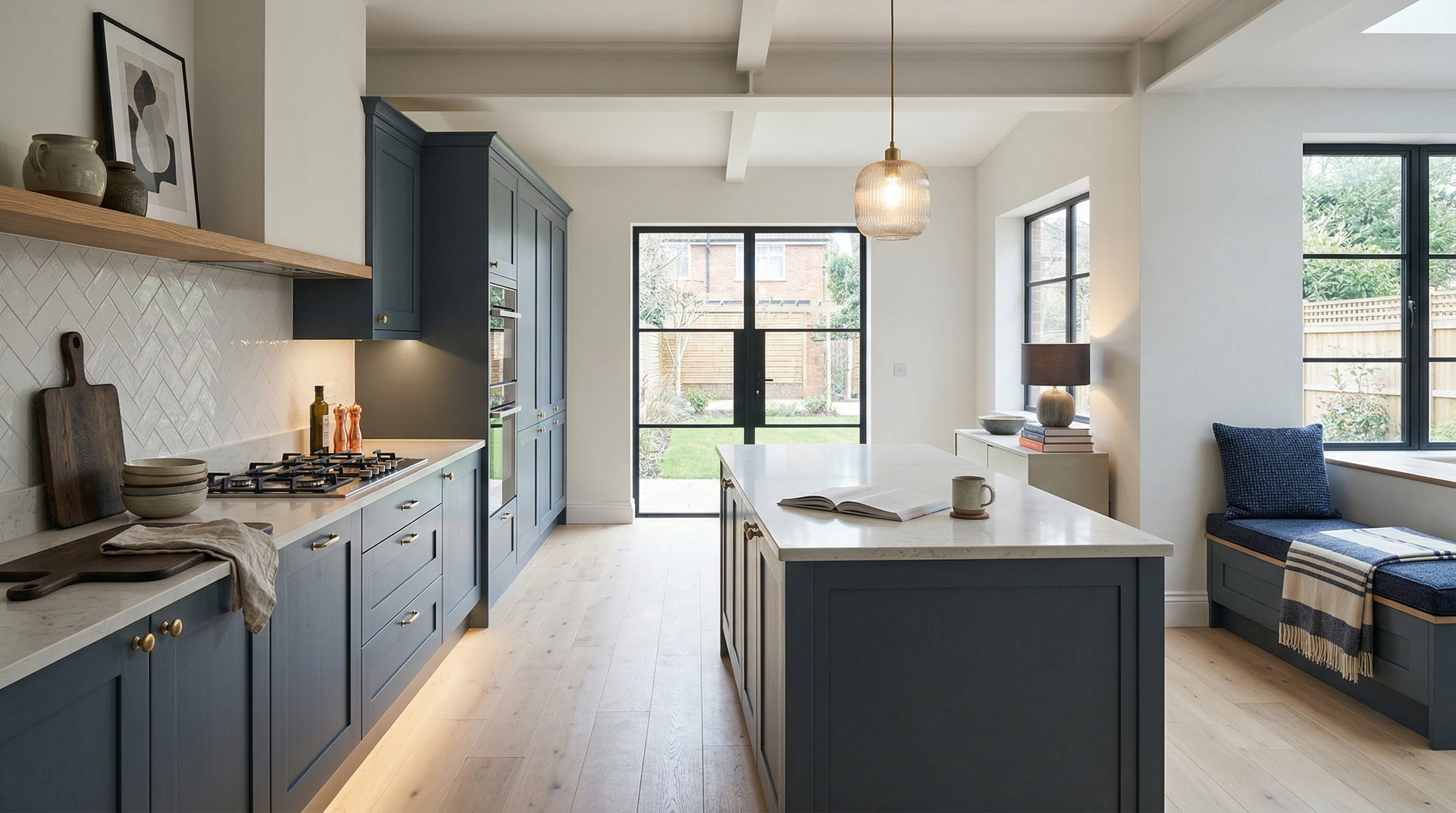 Wide view of a newly completed bespoke Mastercraft kitchen, modern shaker cabinetry in parisian blue tones