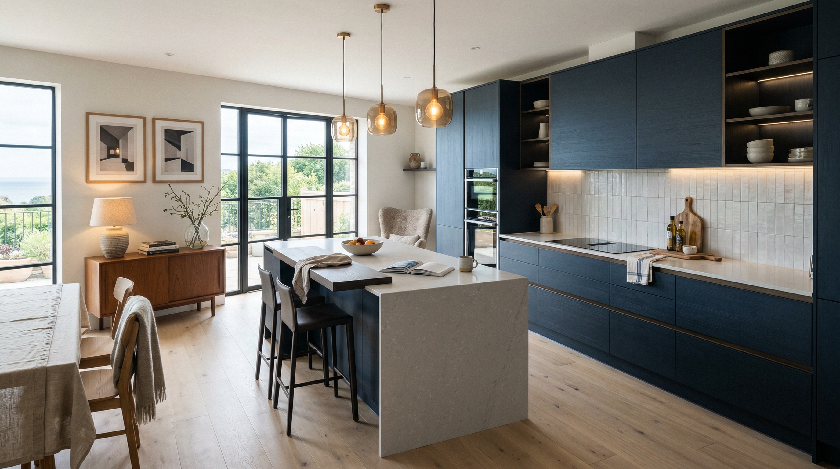 Mastercraft bespoke kitchen in Lyme Regis, wide architectural view showing room volume and design quality