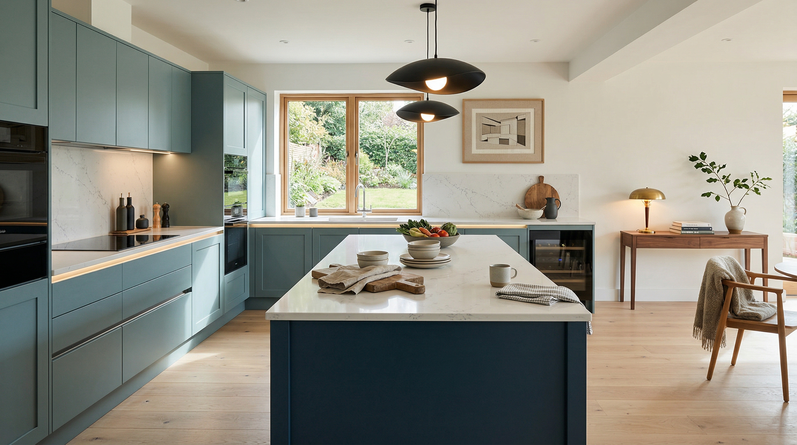 Wide view of a newly completed bespoke Mastercraft kitchen, contemporary painted lay-on cabinetry in heritage green tones
