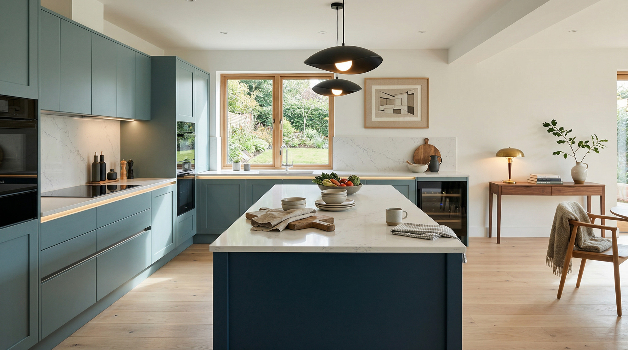 Wide view of a newly completed bespoke Mastercraft kitchen, contemporary painted lay-on cabinetry in heritage green tones
