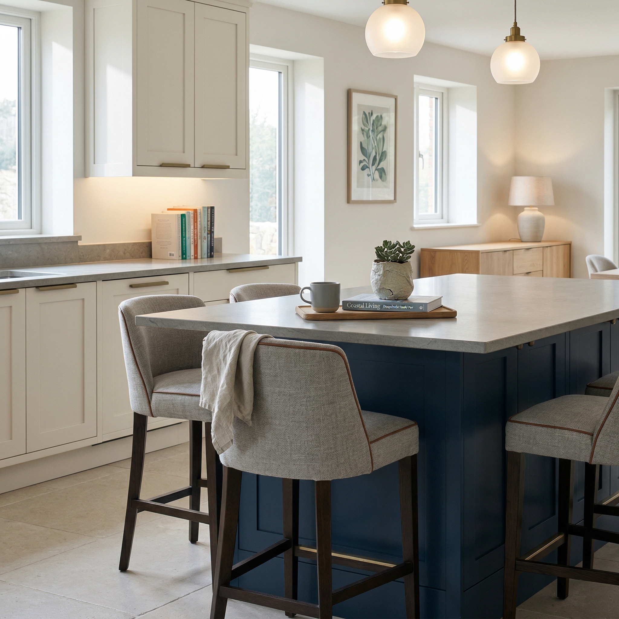 Bespoke kitchen island detail, contemporary painted lay-on cabinetry with quality joinery