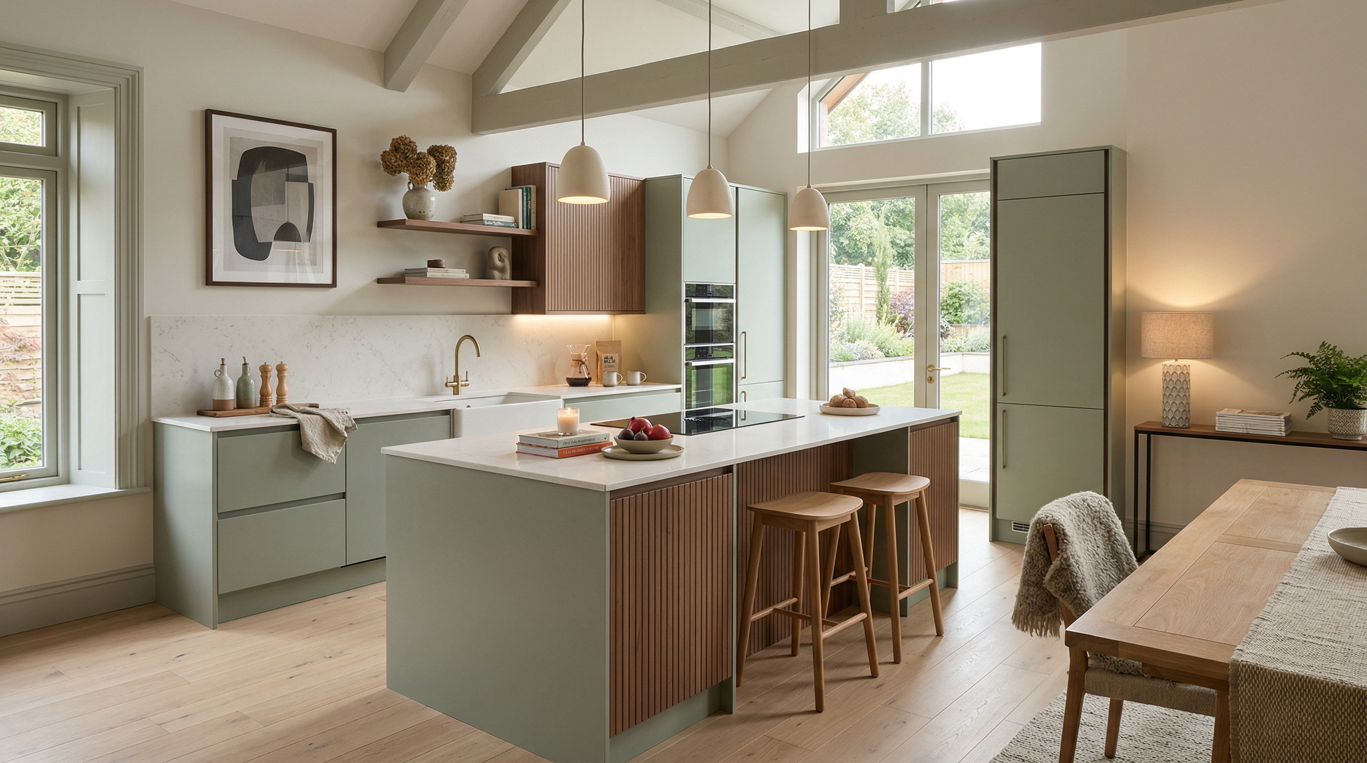 Wide view of a newly completed bespoke Mastercraft kitchen, timber veneer slab-door cabinetry in monument grey tones