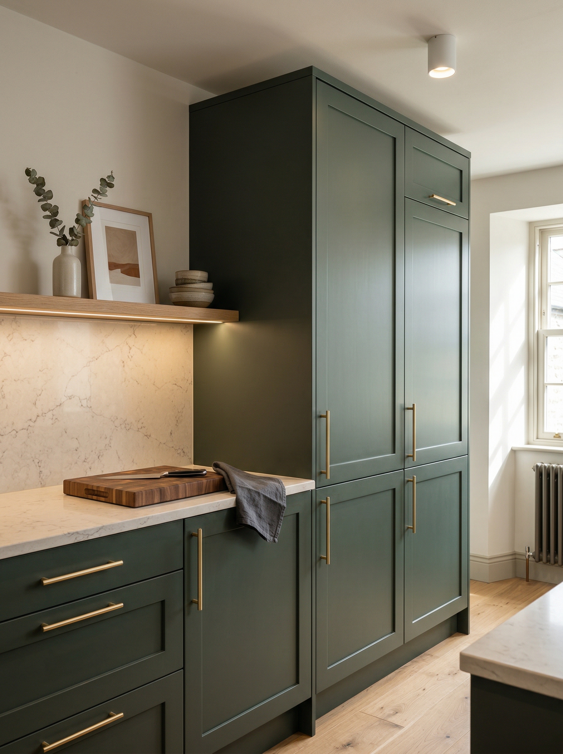 Tall view of full-height bespoke kitchen cabinetry, timber veneer slab-door cabinetry