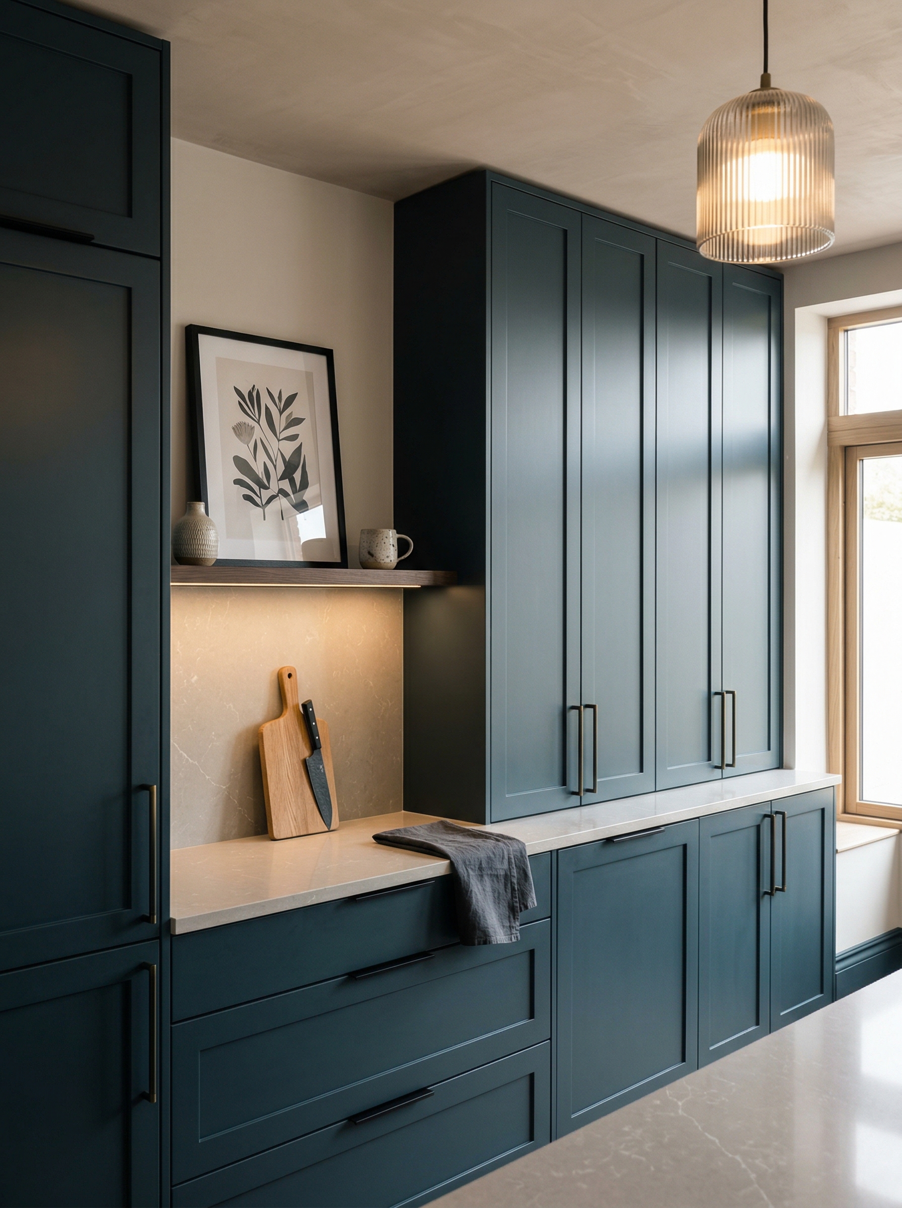 Tall view of full-height bespoke kitchen cabinetry, matt painted handleless slab cabinetry