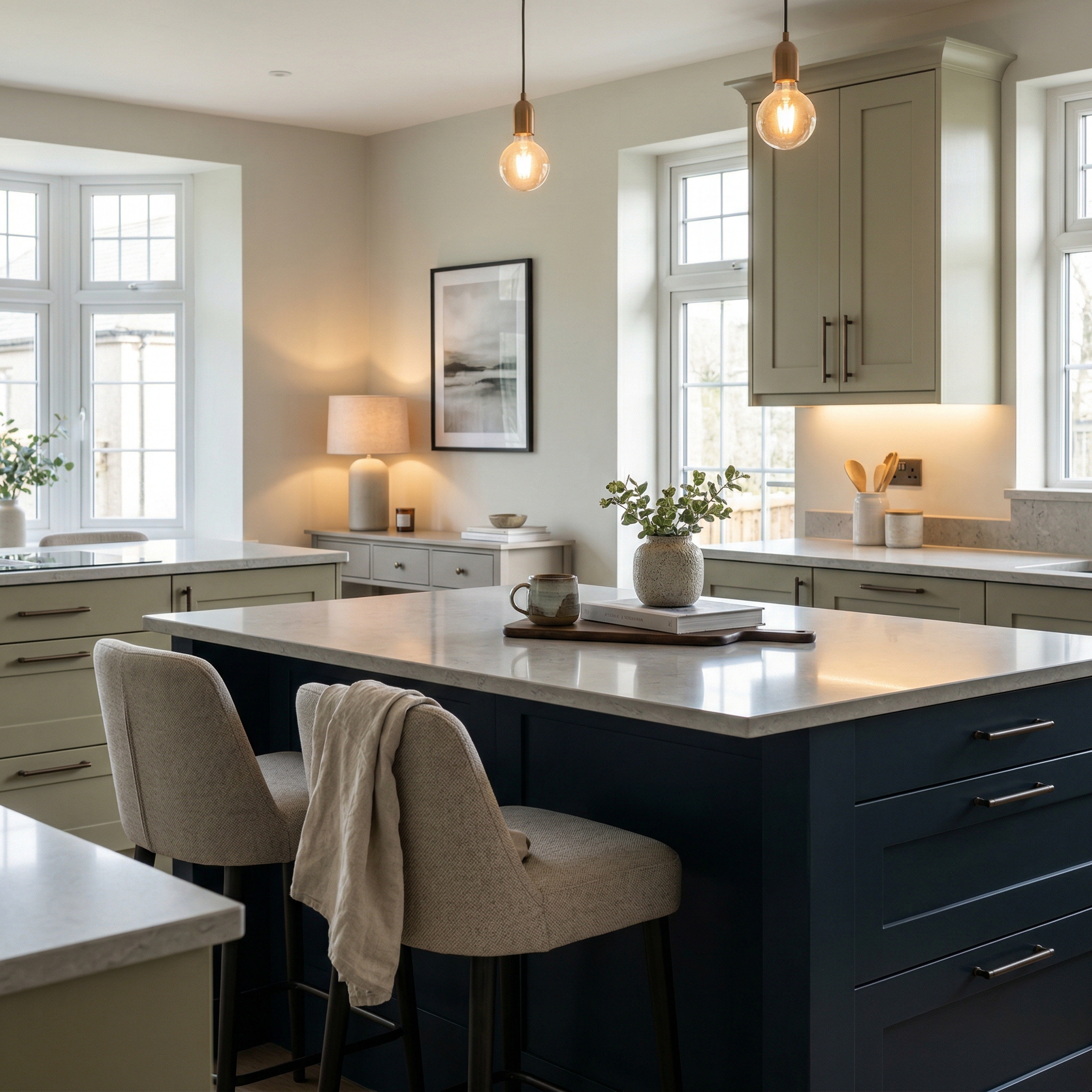 Bespoke kitchen island detail, matt painted handleless slab cabinetry with quality joinery