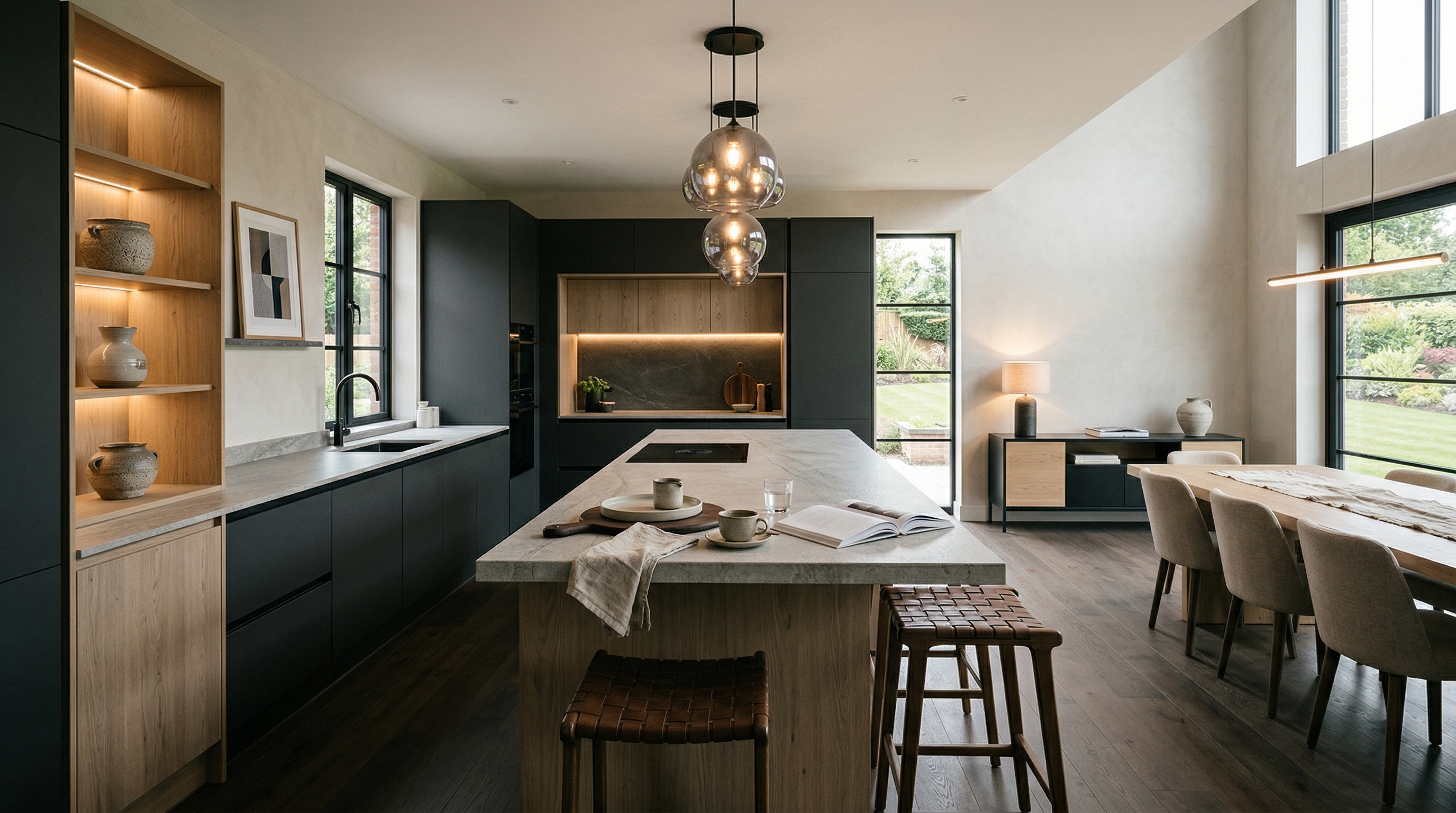 Mastercraft bespoke kitchen in Magor, wide architectural view showing room volume and design quality